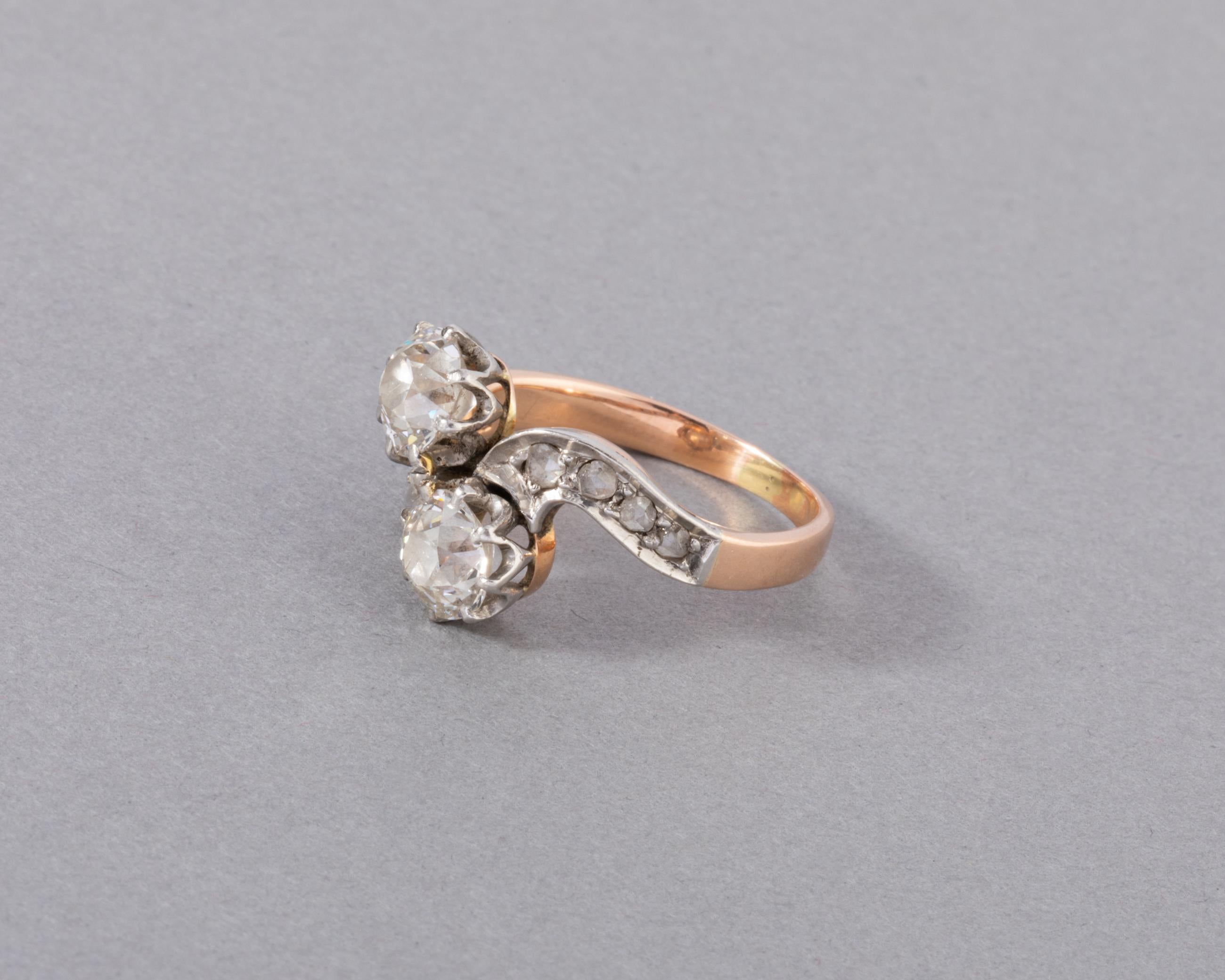 Women's Gold and 1.40 Carats Diamonds French Antique Toi et Moi Ring For Sale