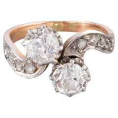 Gold and 1.40 Carats Diamonds French Antique Toi et Moi Ring