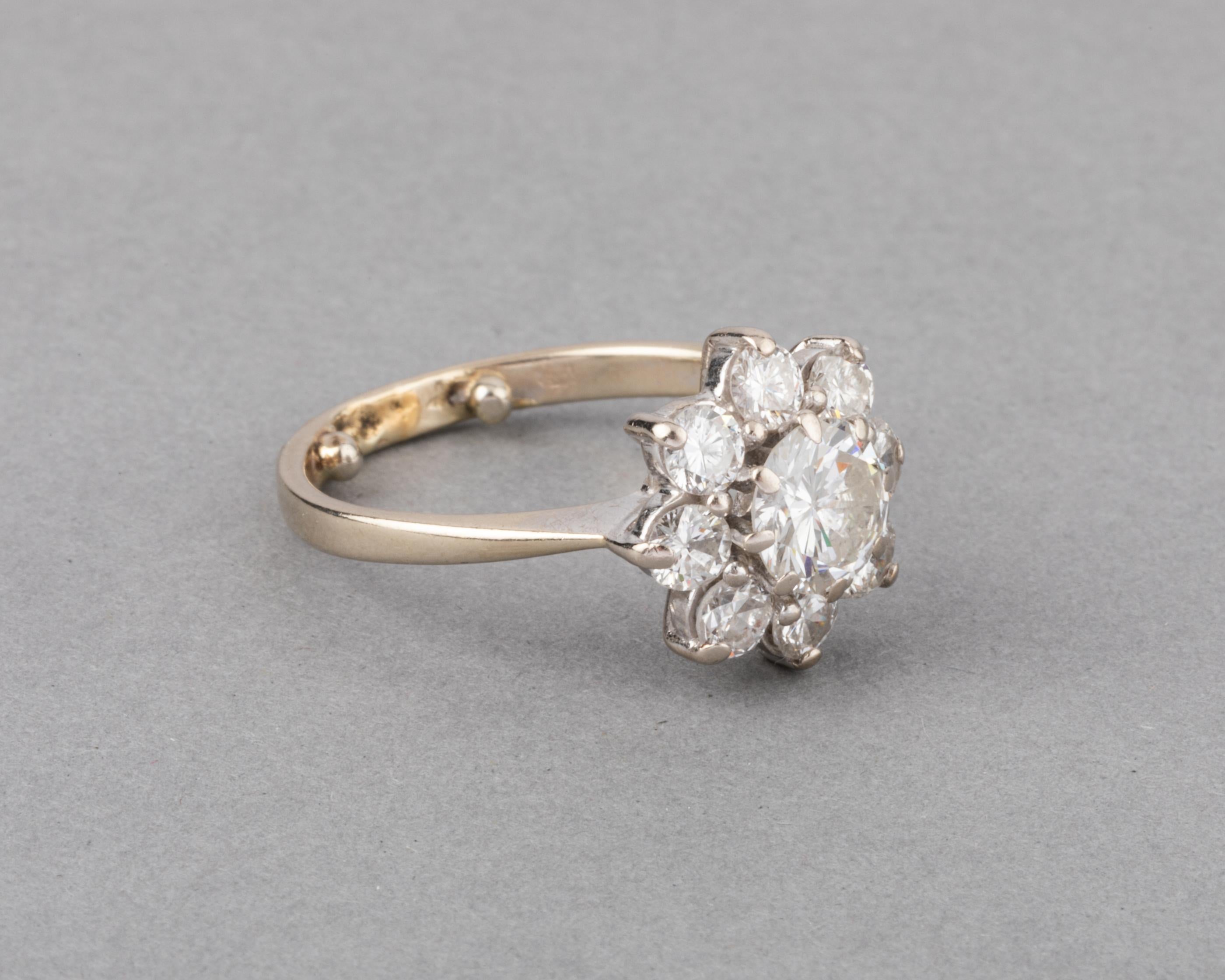 Brilliant Cut Gold and 1.80 Carats Diamonds French Vintage Ring For Sale