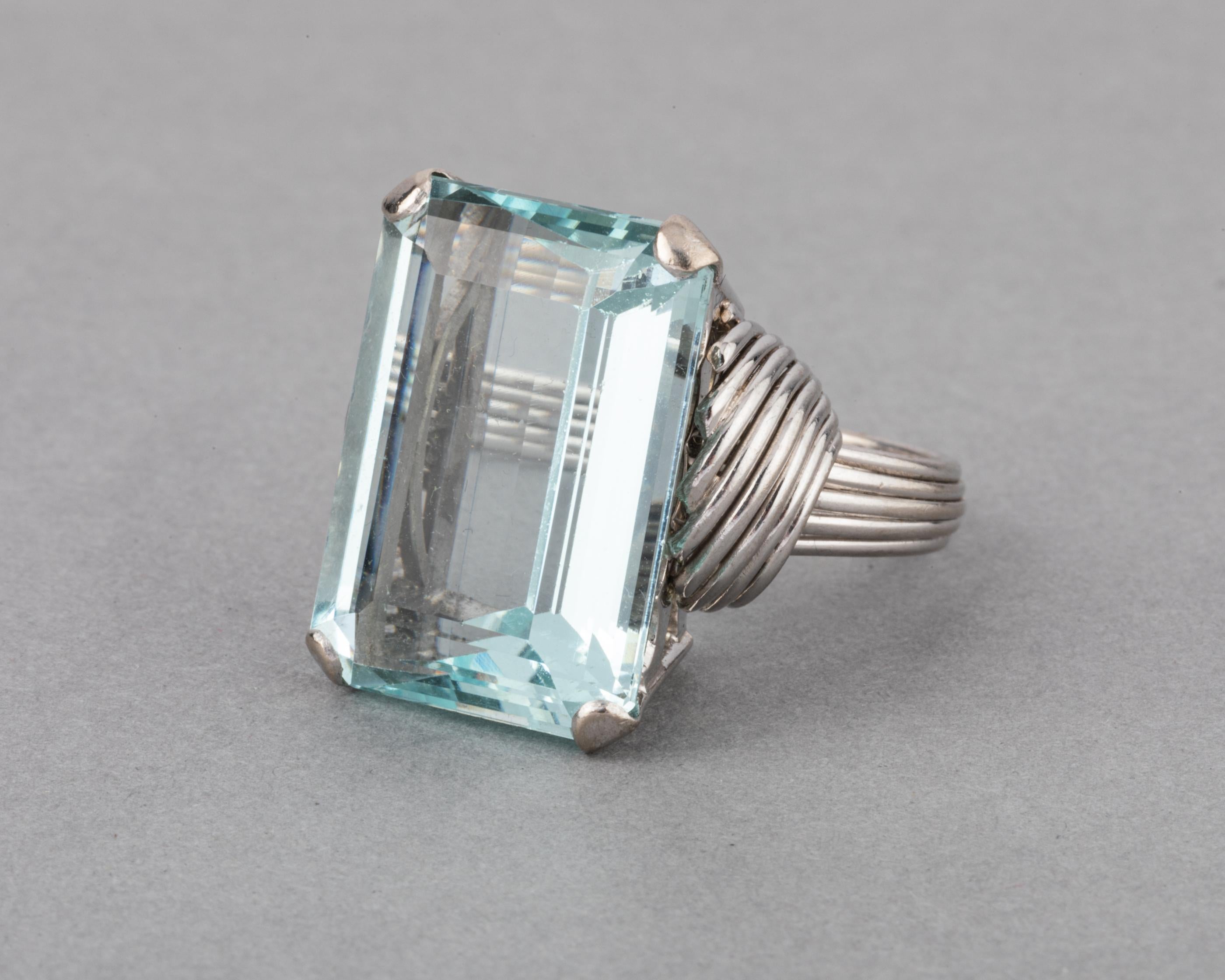 Emerald Cut Gold and 25 Carats Aquamarine French Vintage Ring