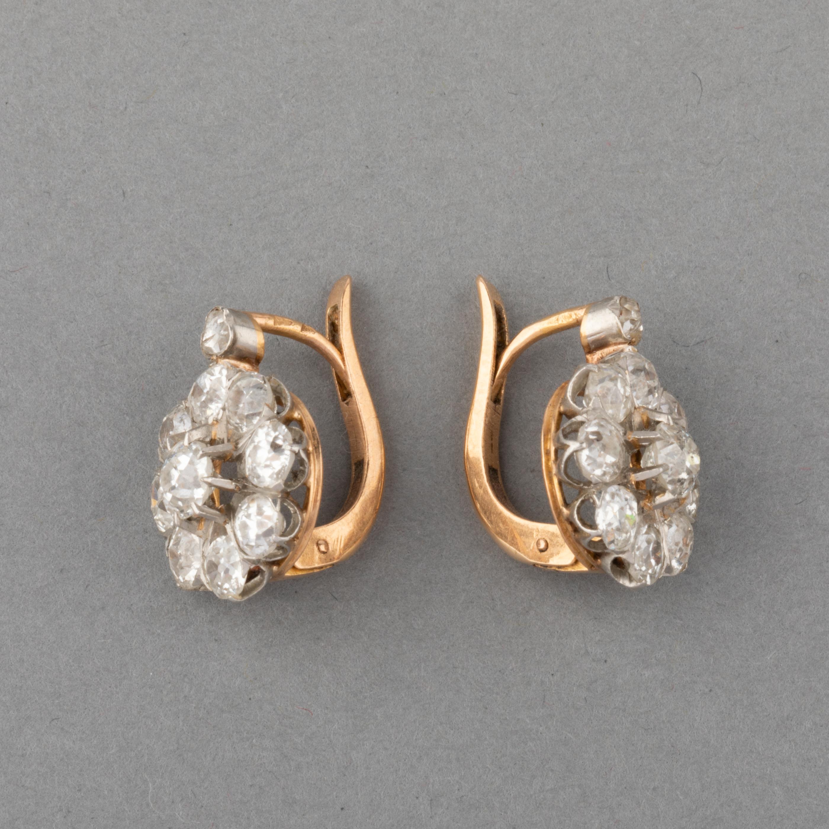Old European Cut Gold and 2.50 Carats Diamonds French Antique Earrings For Sale