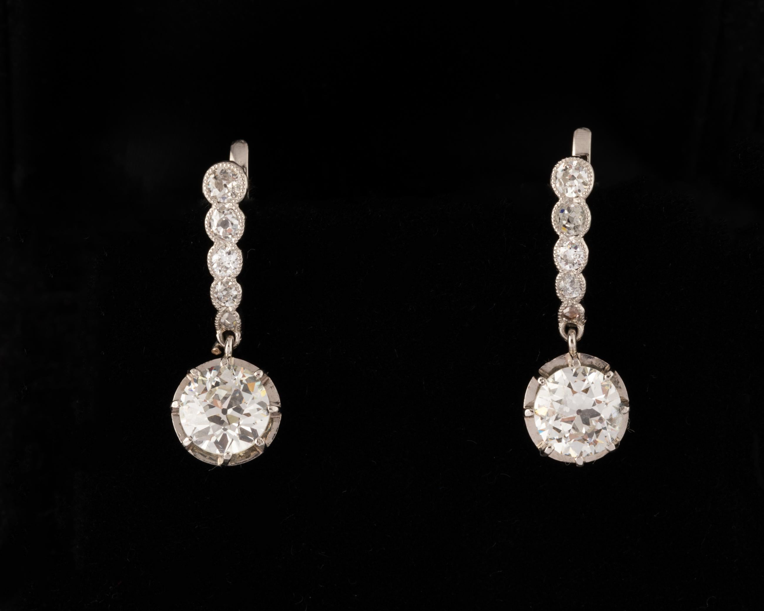 Old European Cut Gold and 3.39 Carats Diamonds French Antique Earrings For Sale