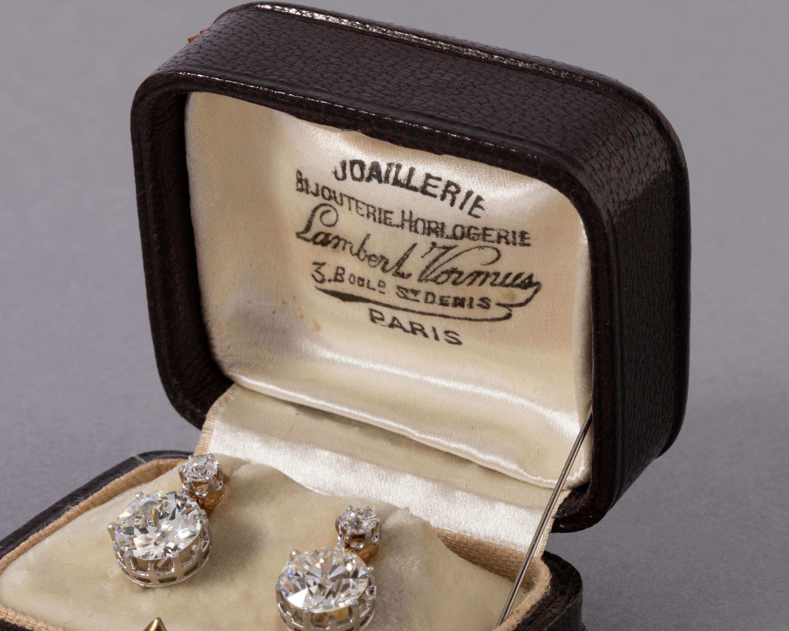 Gold and 3.85 Carats Diamonds French Antique Earrings In Good Condition In Saint-Ouen, FR