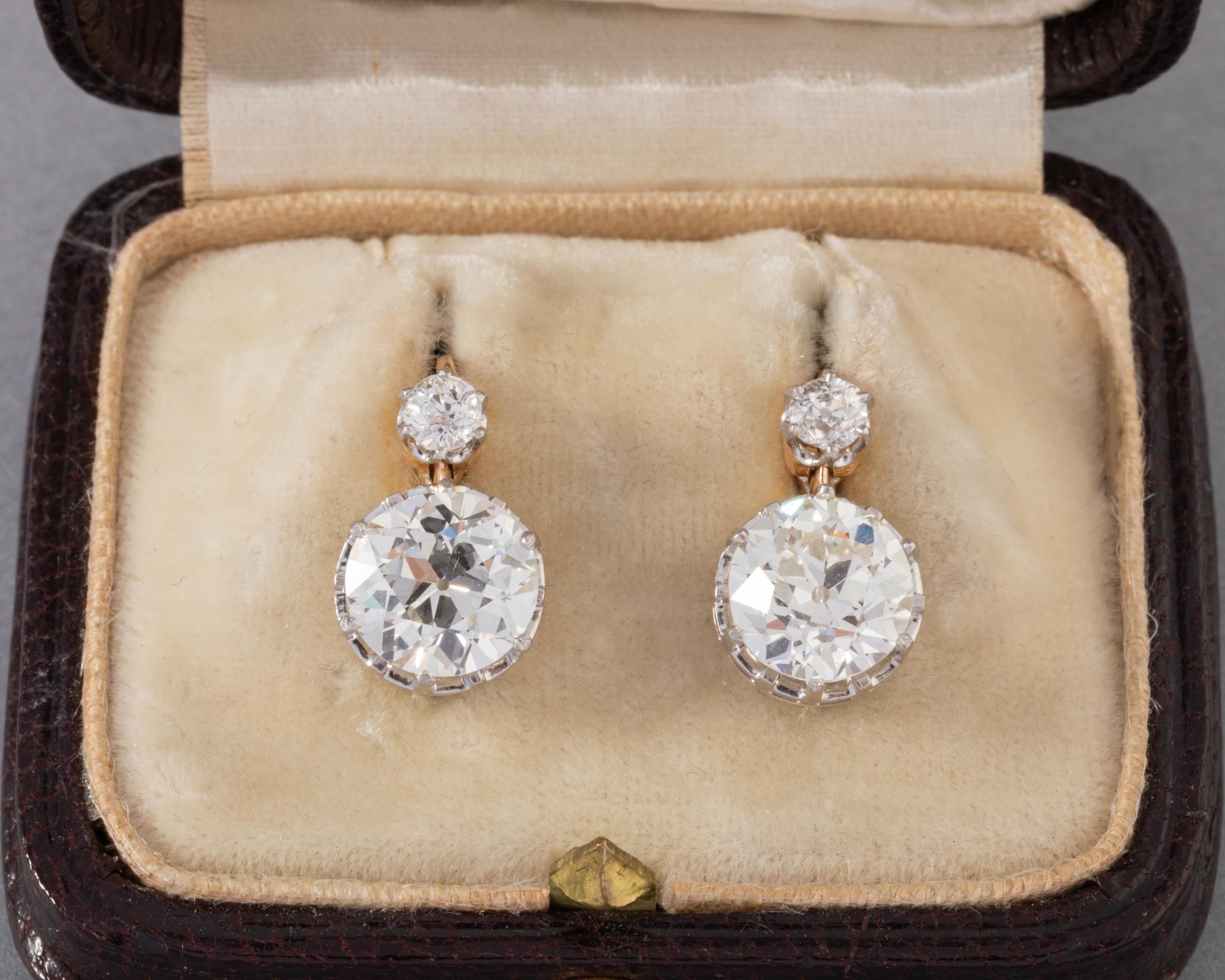 Women's Gold and 3.85 Carats Diamonds French Antique Earrings