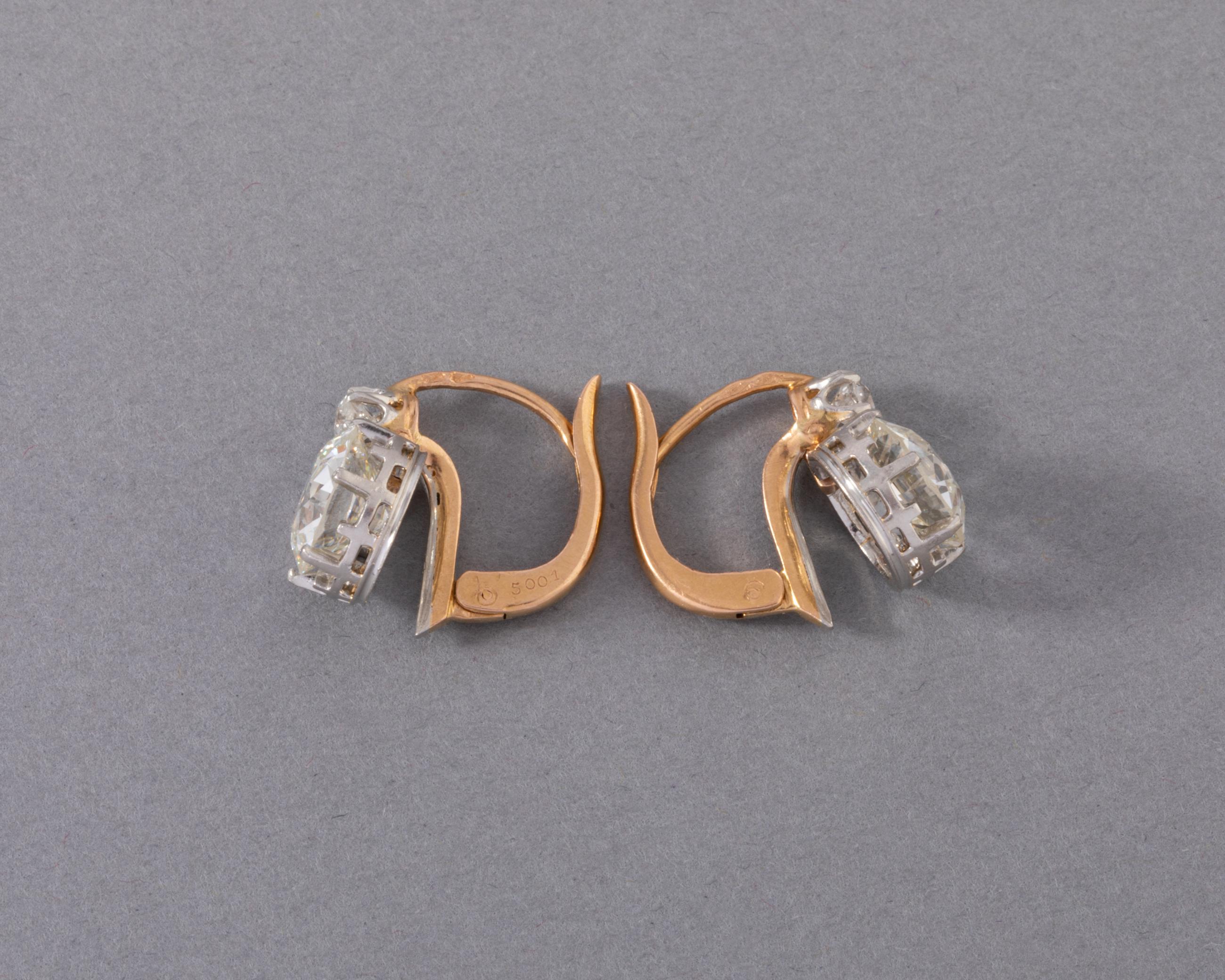 Gold and 3.85 Carats Diamonds French Antique Earrings 1