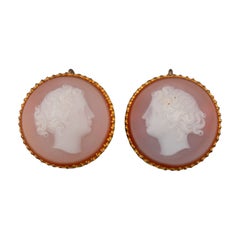 Gold and Agate Cameos French Antique Earrings