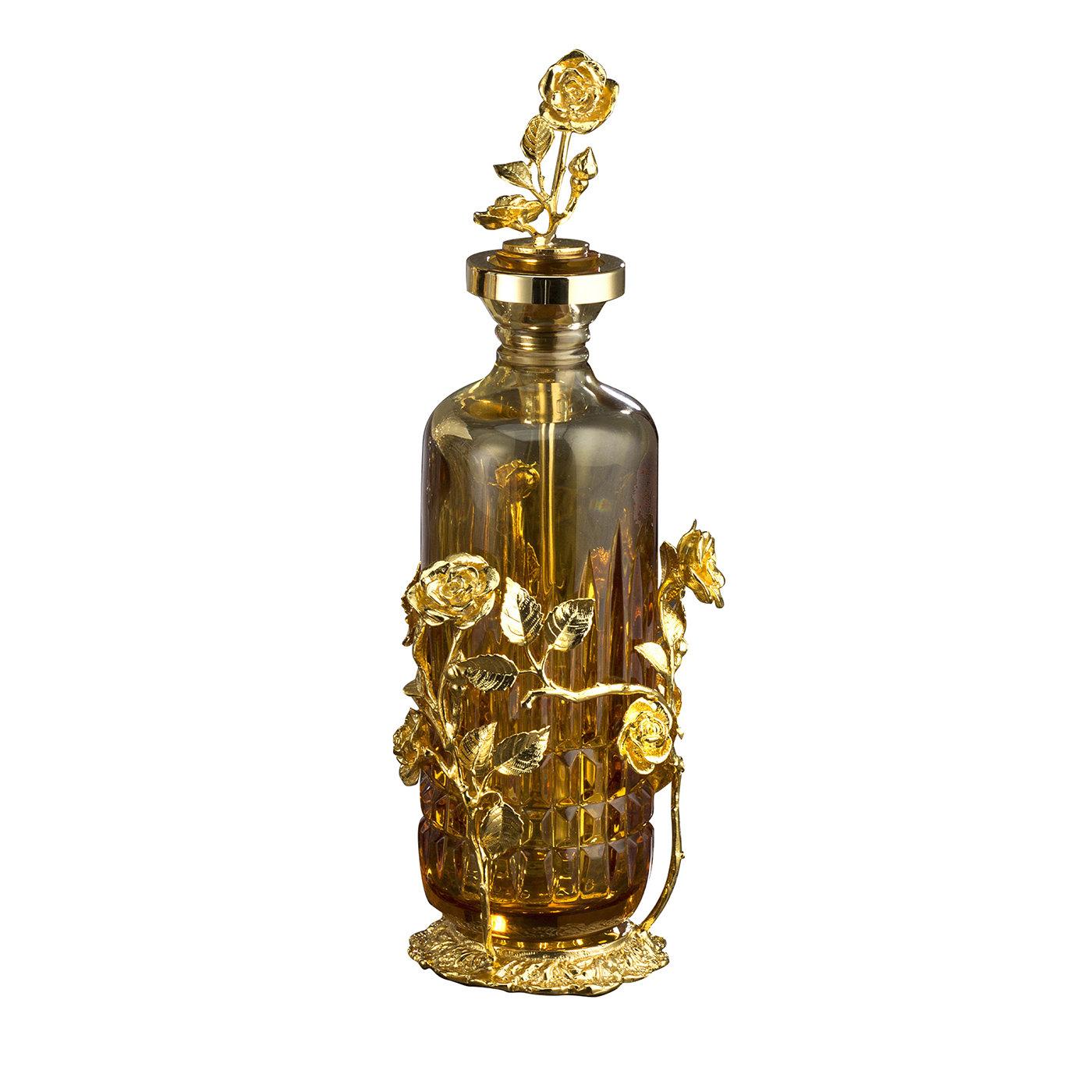 Parfümflasche aus Gold und Bernsteinkristall in Rosenform im Angebot