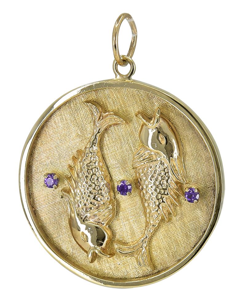 Very special large round PISCES charm/pendant.  Polished shiny gold border, with two figural 