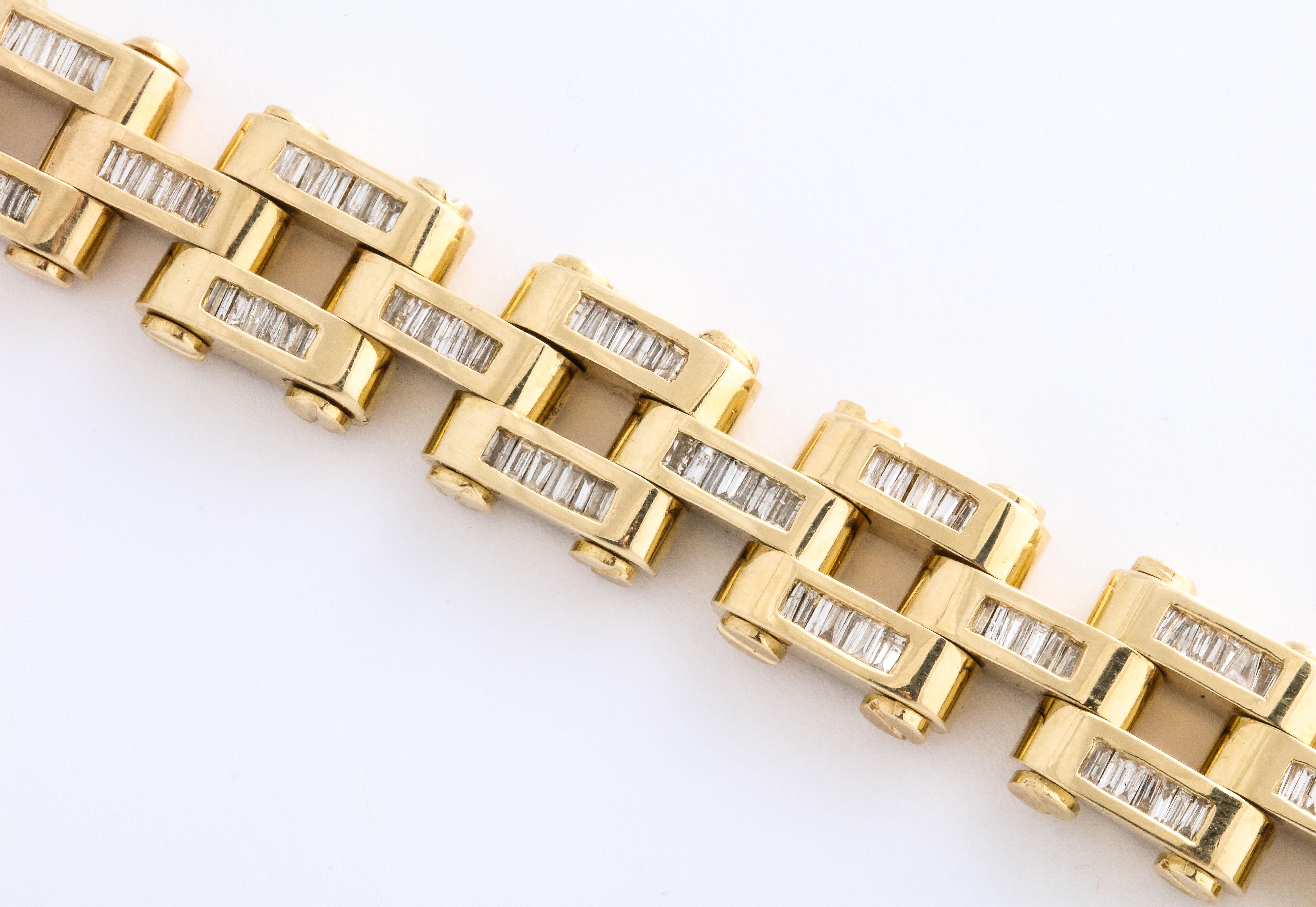 Baguette Cut Gold and Baguette Diamond Link Tank Bracelet