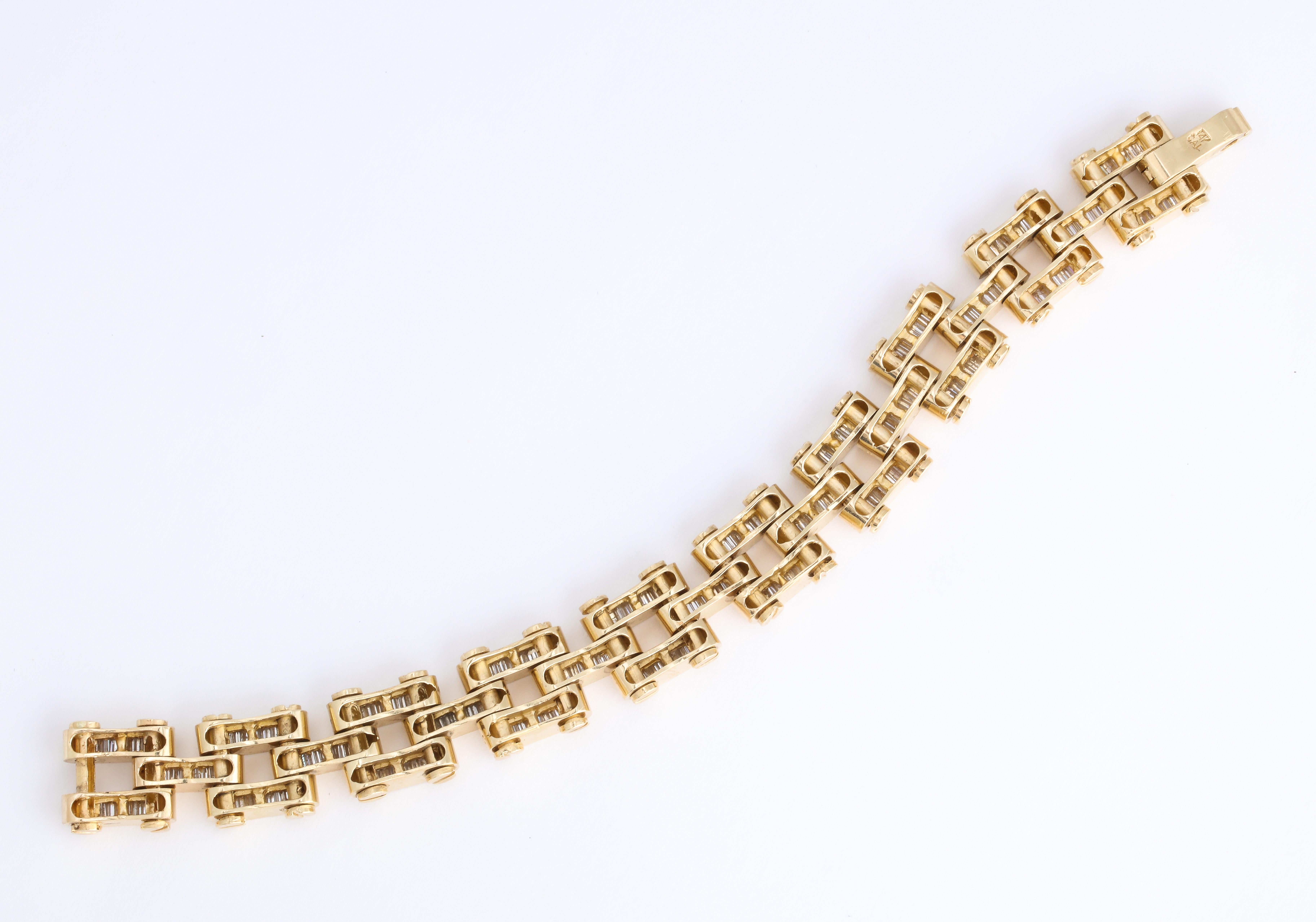 Gold and Baguette Diamond Link Tank Bracelet In Good Condition In New York, NY