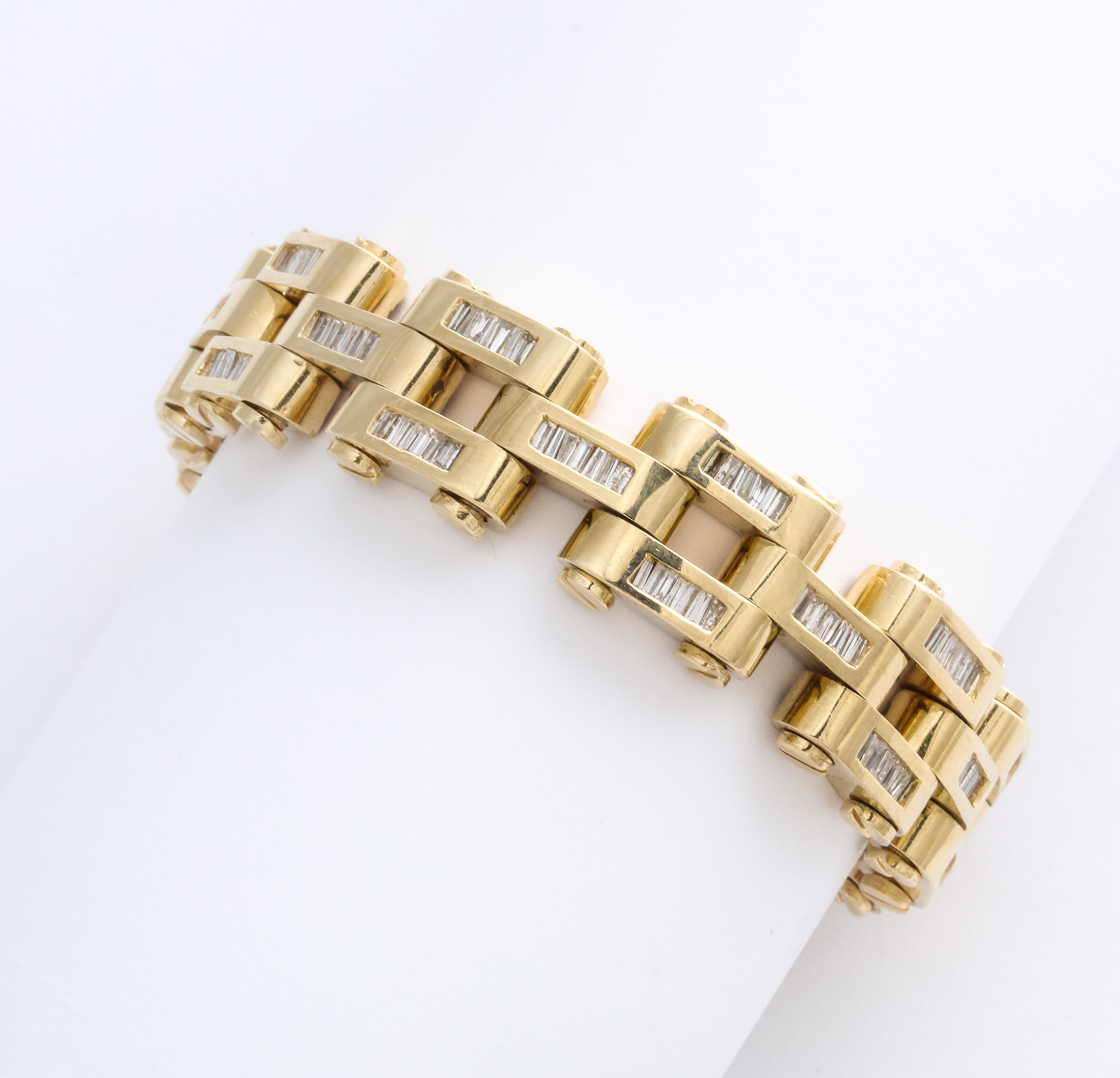 Gold and Baguette Diamond Link Tank Bracelet 1