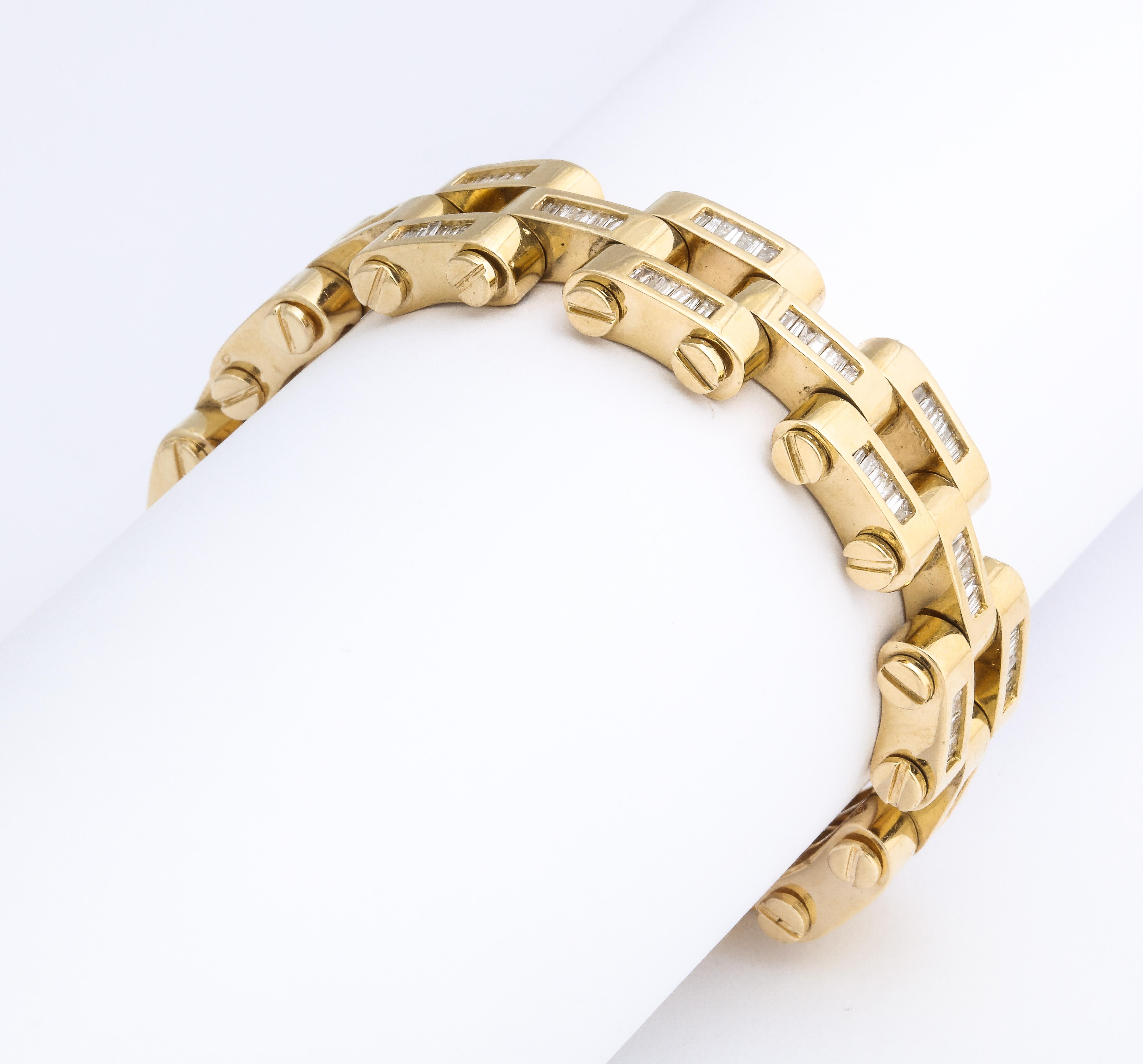 Gold and Baguette Diamond Link Tank Bracelet 2