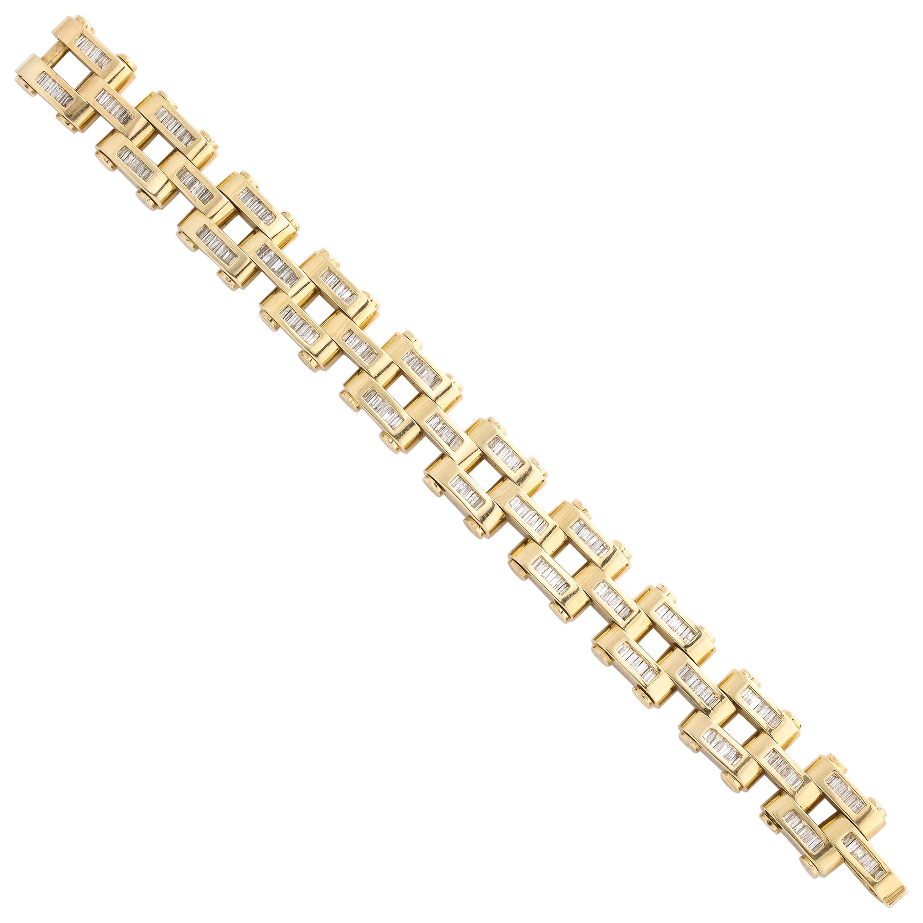 Gold and Baguette Diamond Link Tank Bracelet