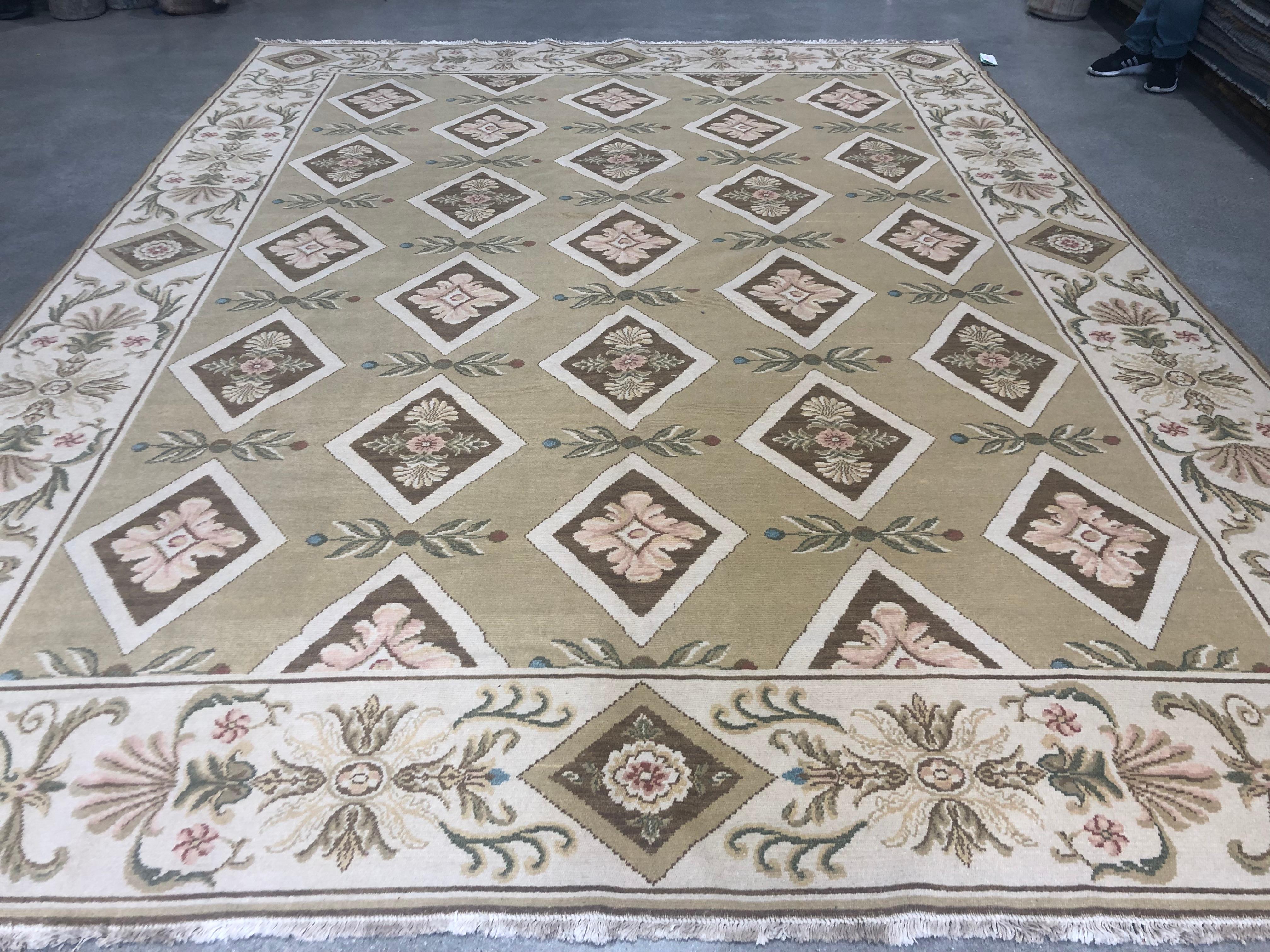 European Gold and Beige Flowers and Diamonds Rug For Sale