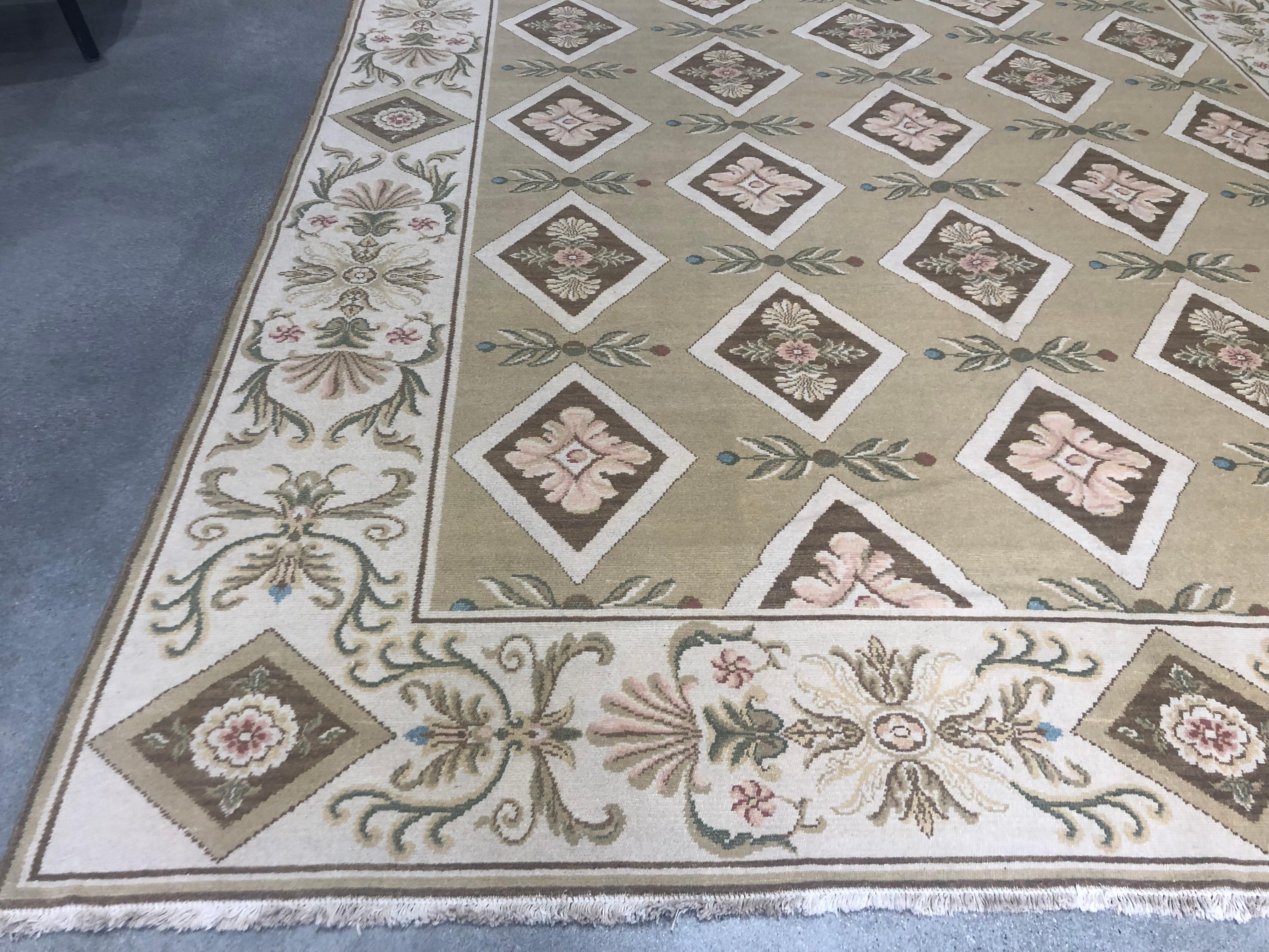 Hand-Knotted Gold and Beige Flowers and Diamonds Rug For Sale