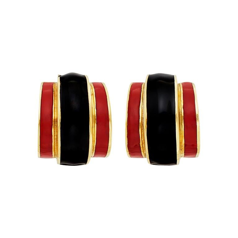 Gold and Black and Red Enamel Half-Hoop Earclips For Sale