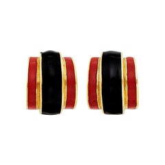 Gold and Black and Red Enamel Half-Hoop Earclips