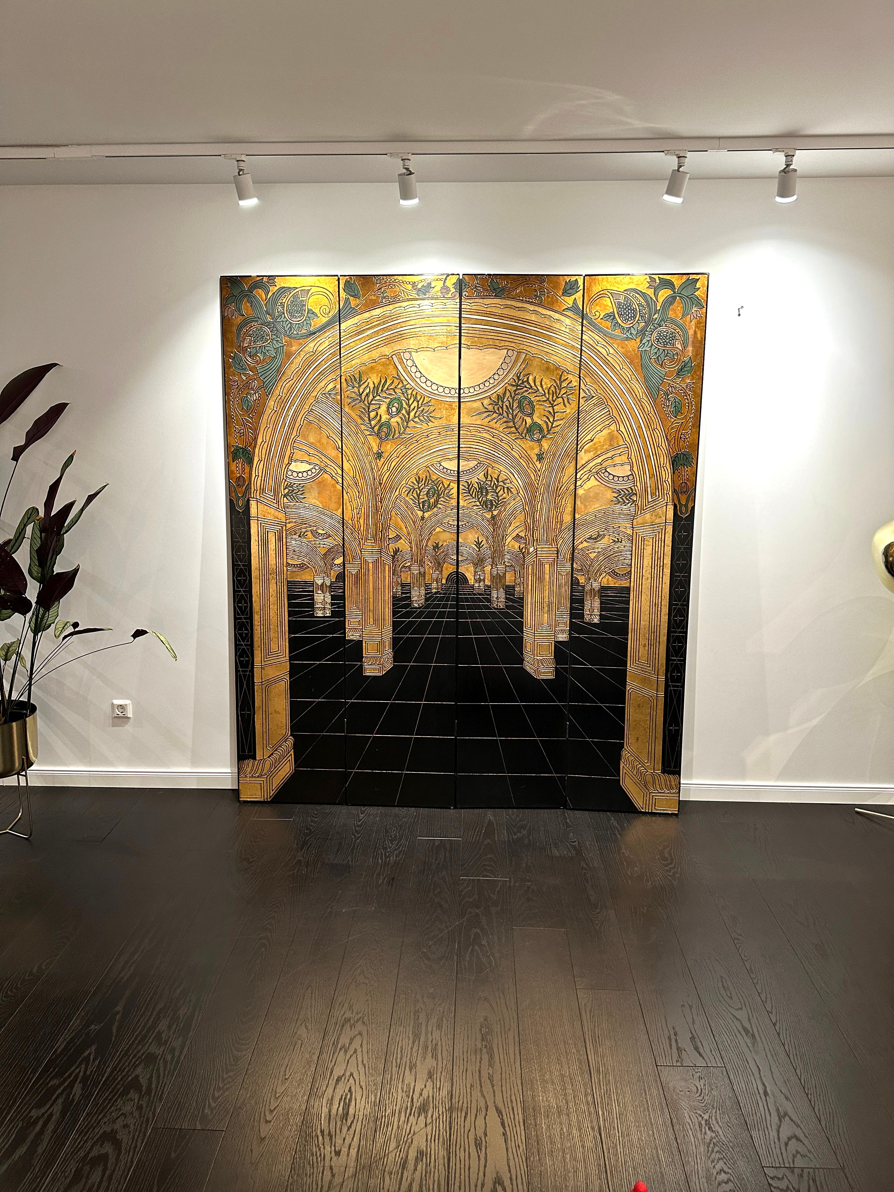 Paravant Art Nouveau / Art Déco noir et or 20ème siècle Wood et feuille d'or en vente 4