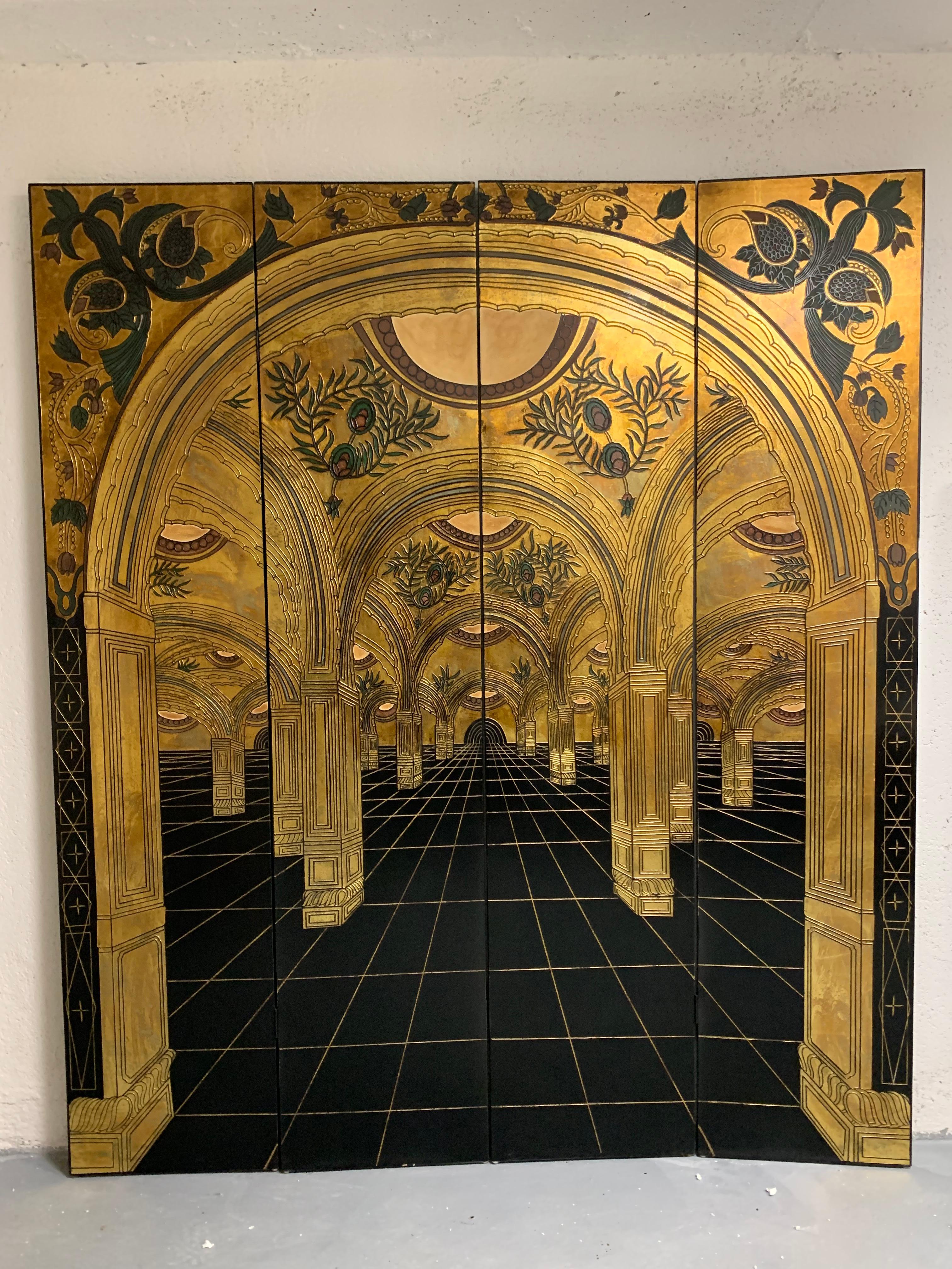 Beautiful and rare Art Nouveau or Art Deco 20th century Paravent. The stunning geometry of the pattern draws you into a hall full of archways and pillars.
The room divider has four panels and is made out of wood, painted and gold leafed. The