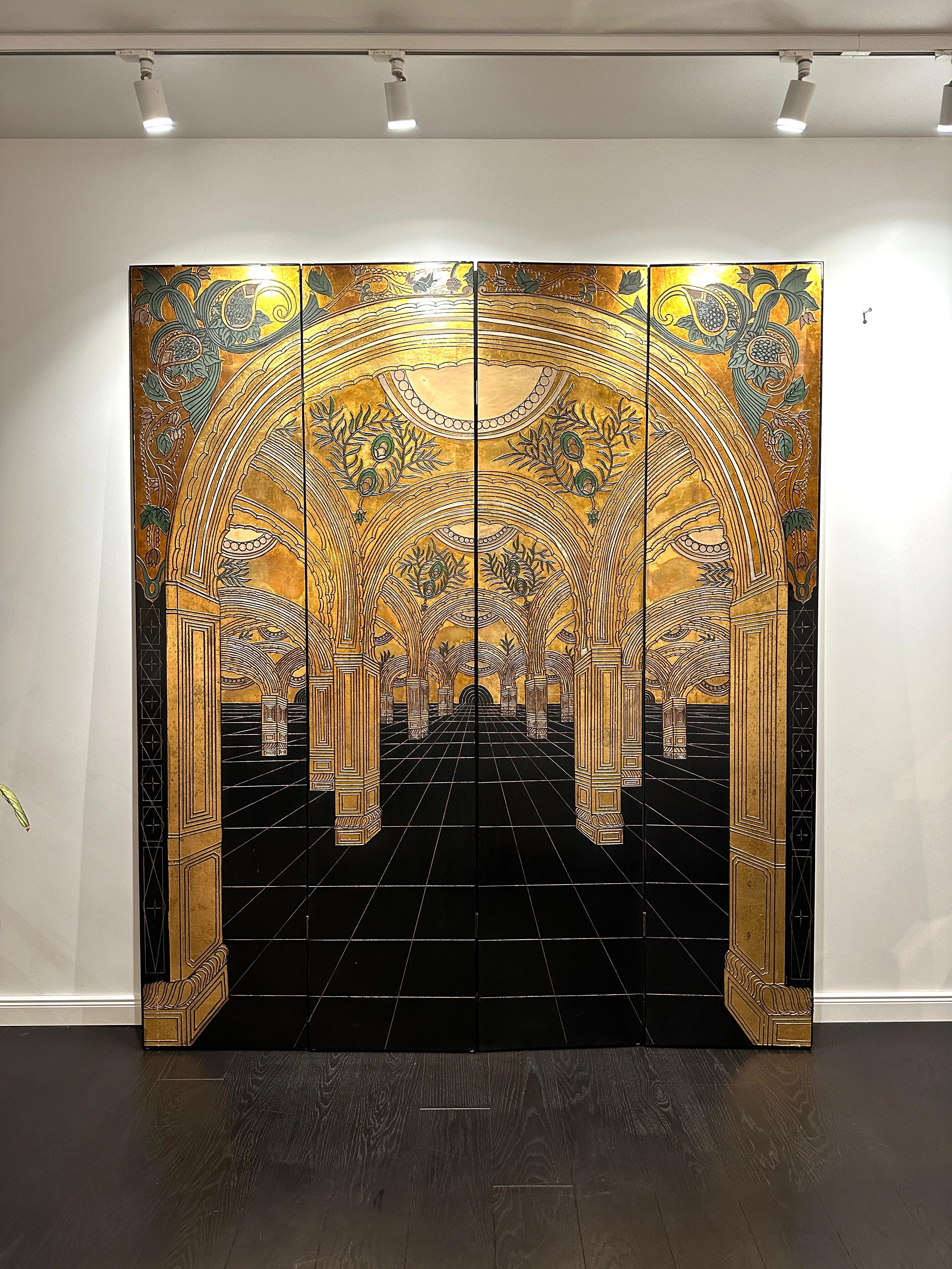 Beautiful and rare Art Nouveau or Art Deco 20th century Paravent. The stunning geometry of the pattern draws you into a hall full of archways and pillars.
The room divider has four panels and is made out of wood, painted and gold leafed. The pattern