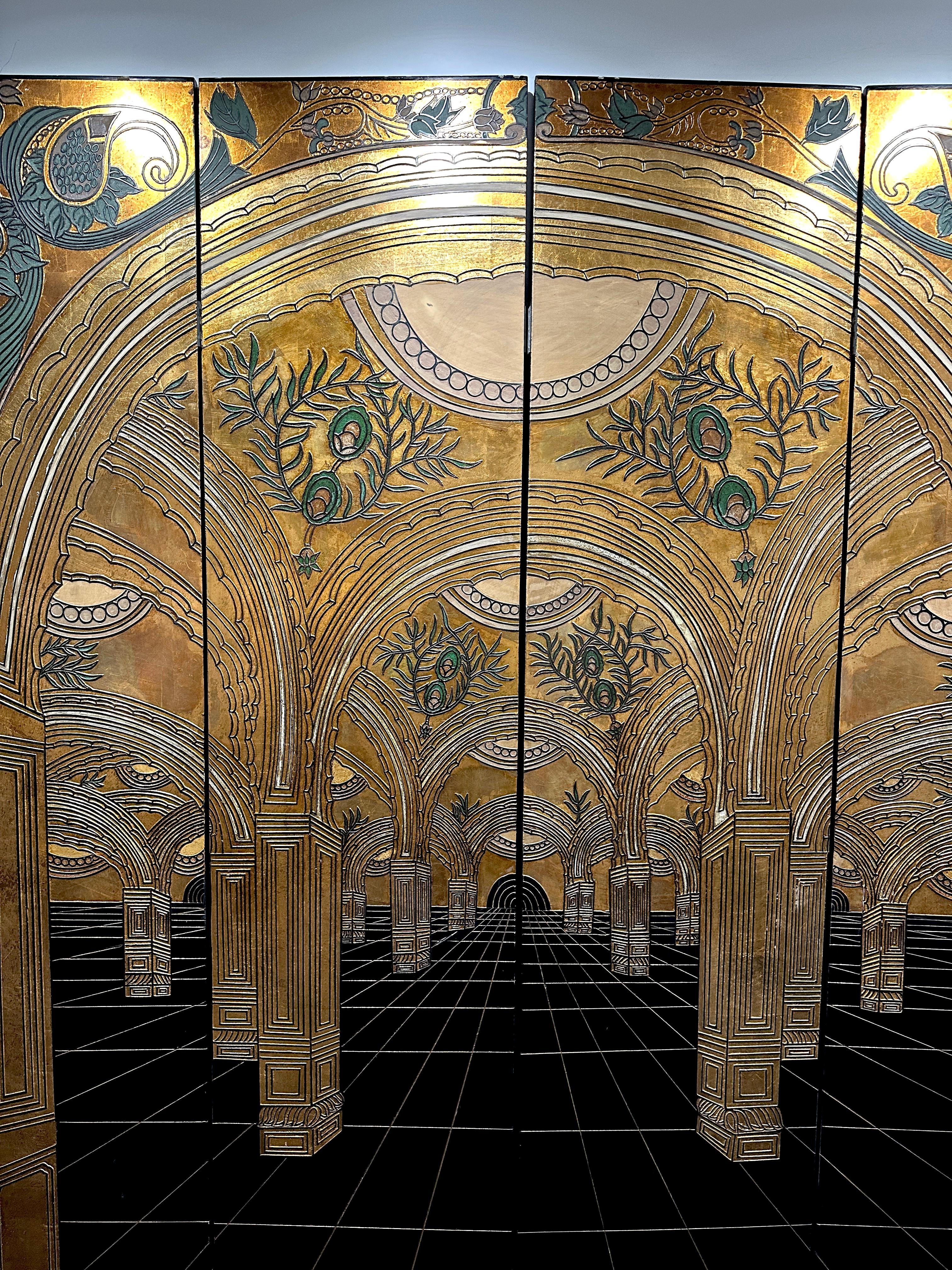 Gold und Schwarzer Art Nouveau / Art Deco Paravant des 20. Jahrhunderts Holz und Blattgold (Europäisch) im Angebot