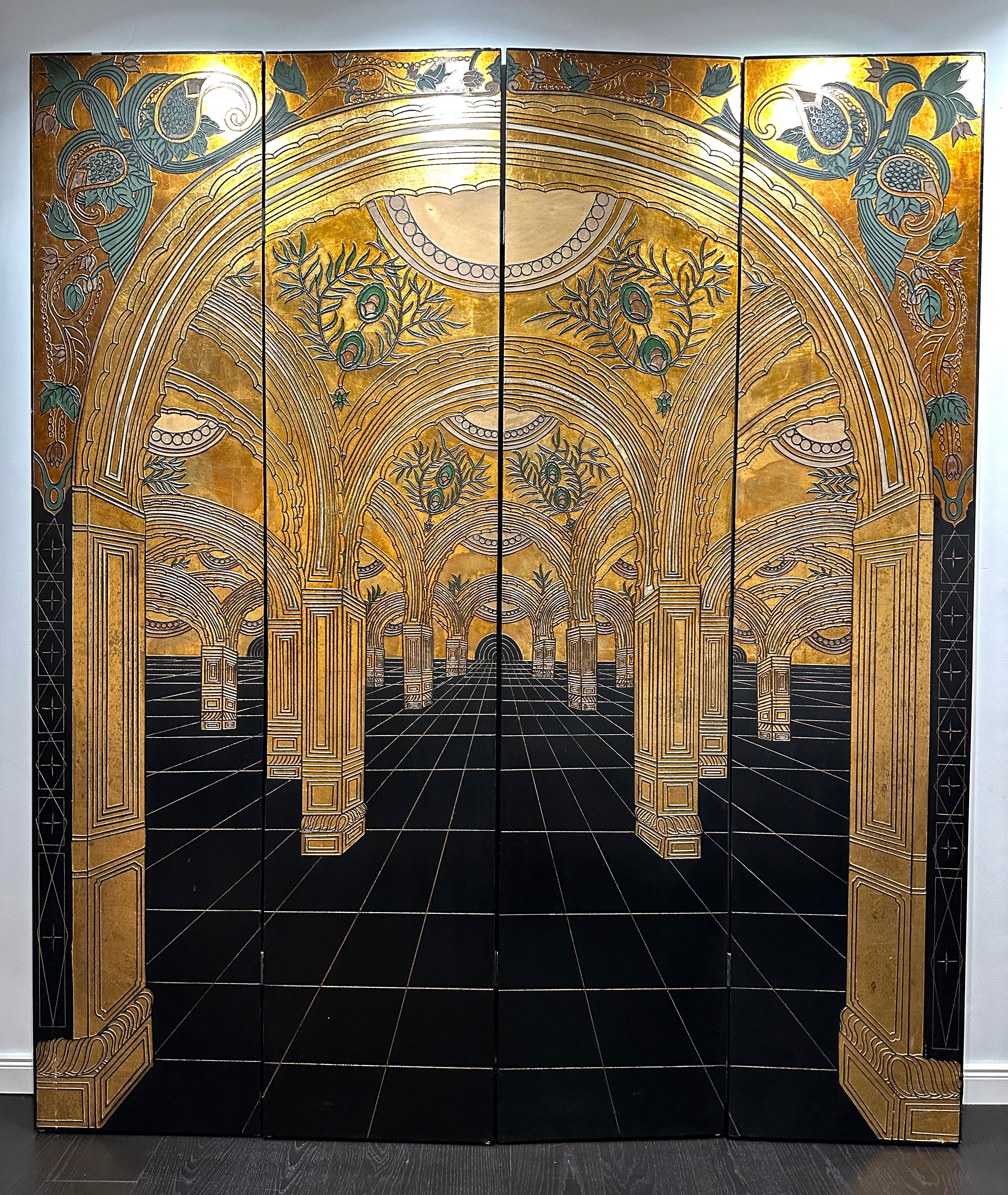Gold und Schwarzer Art Nouveau / Art Deco Paravant des 20. Jahrhunderts Holz und Blattgold im Angebot 1