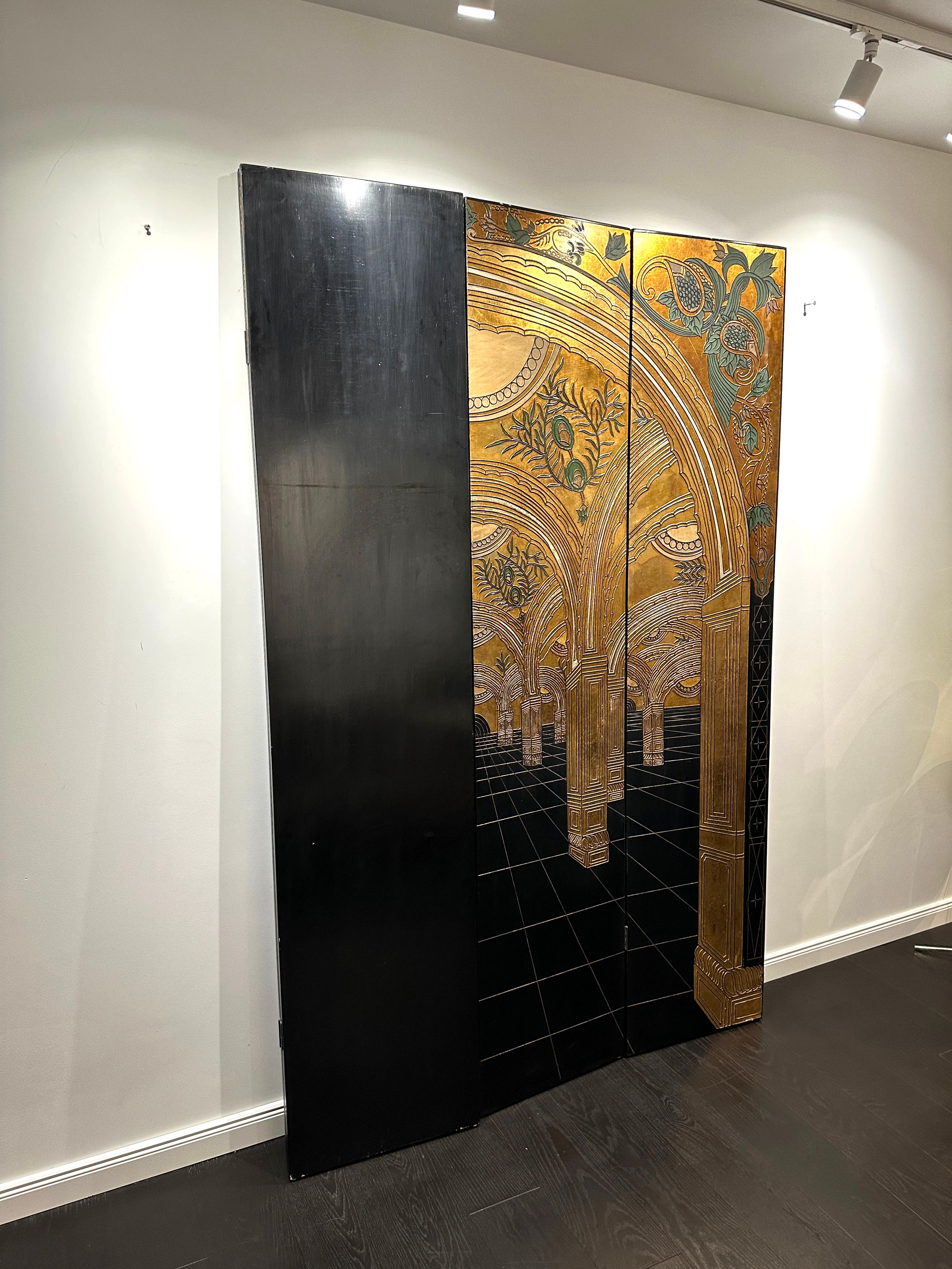 Gold und Schwarzer Art Nouveau / Art Deco Paravant des 20. Jahrhunderts Holz und Blattgold im Angebot 2