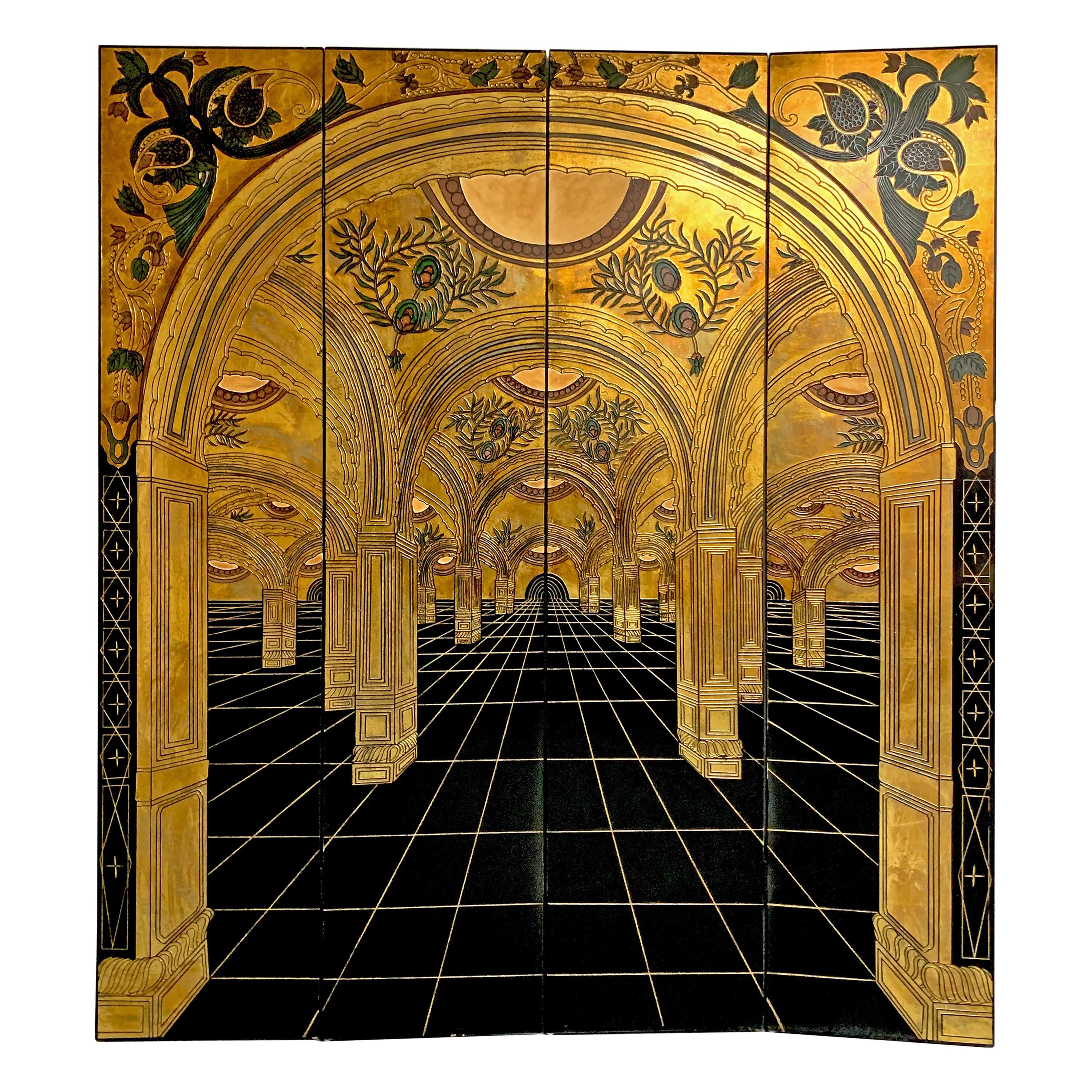 Gold and Black Art Nouveau / Art Deco Paravant 20th Century Wood and Gold Leaf
