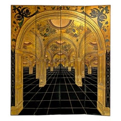 Vintage Gold and Black Art Nouveau / Art Deco Paravant 20th Century Wood and Gold Leaf