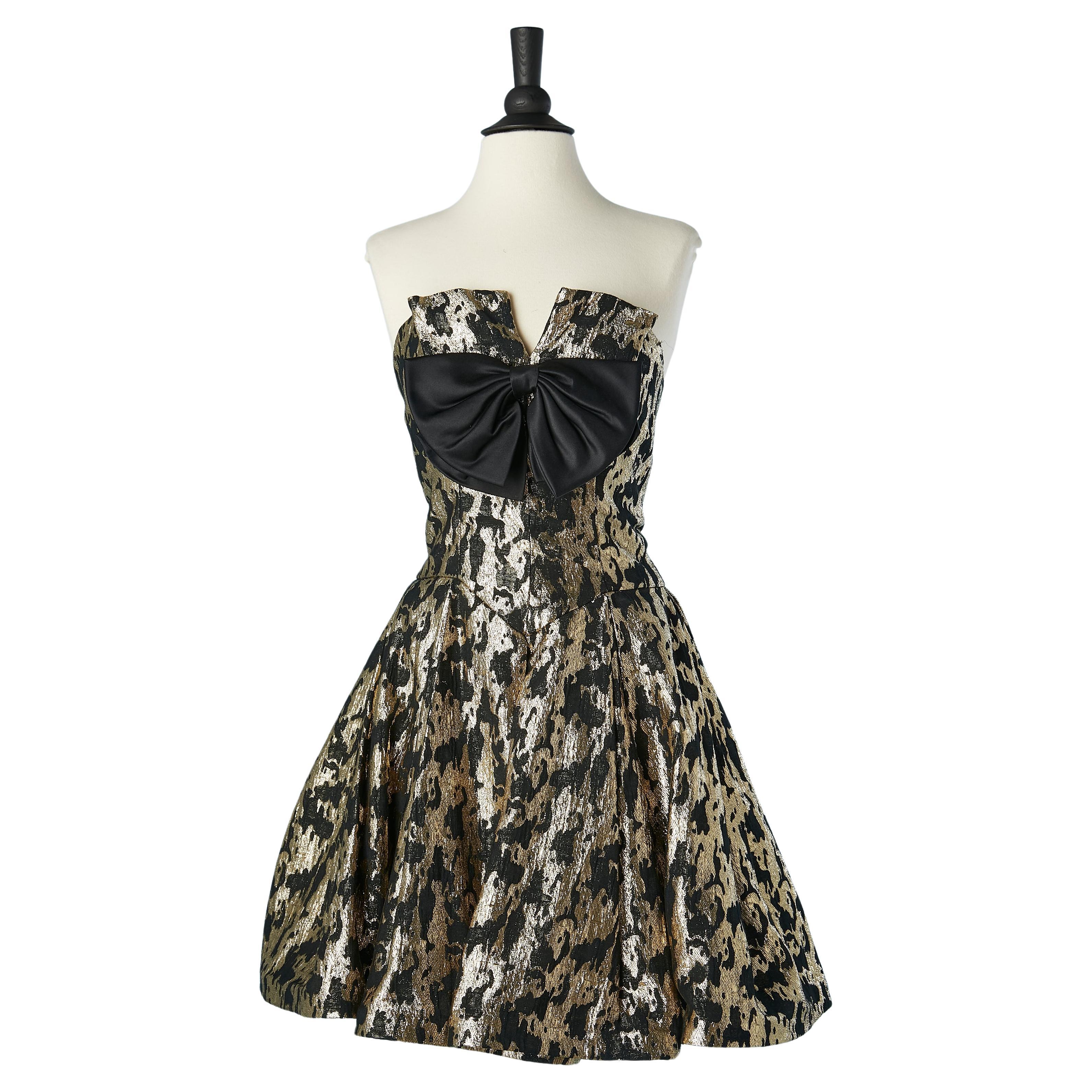 Gold and black damask bustier cocktail dress with black satin bow Mignon  For Sale