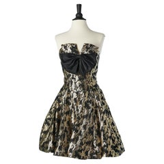 Vintage Gold and black damask bustier cocktail dress with black satin bow Mignon 