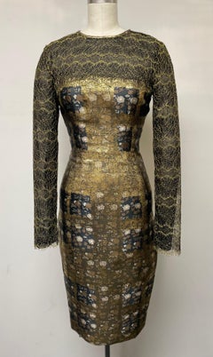 French Brocade and Lace Long Sleeve Slim Dress in chic Black and Gold