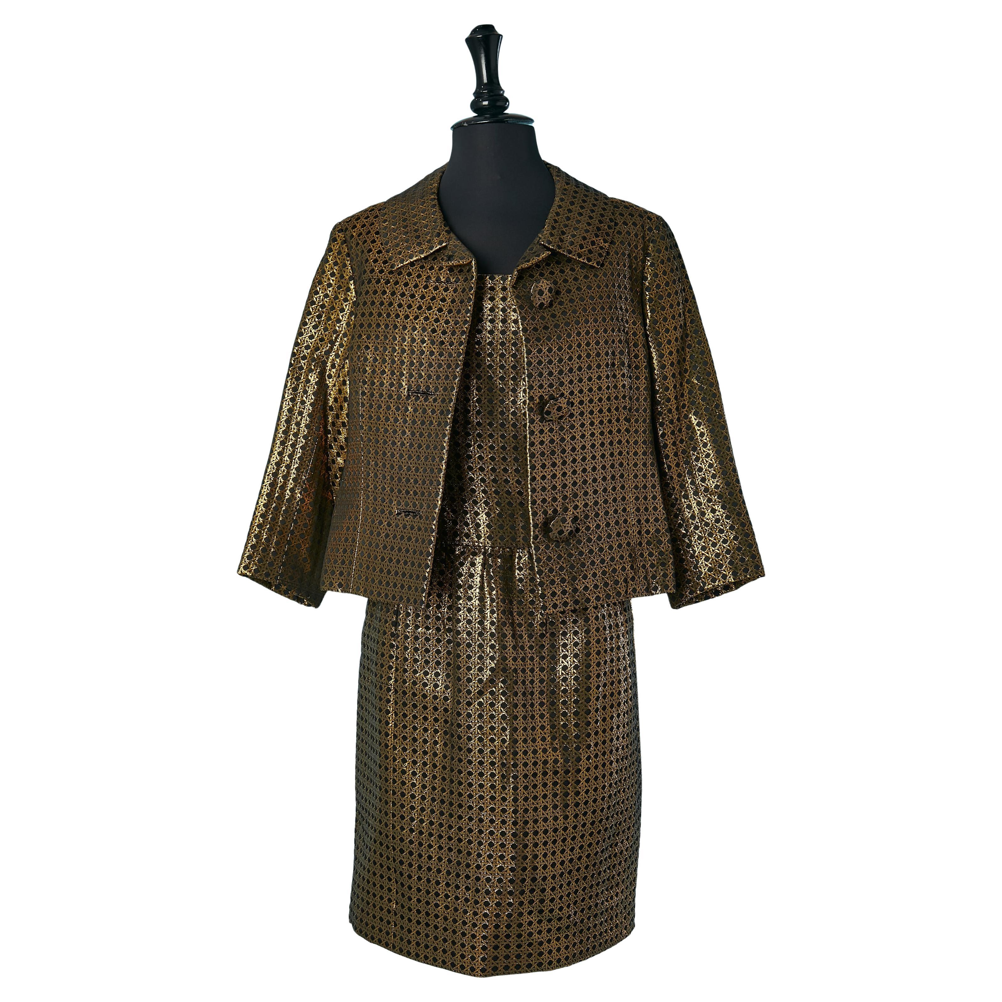 Gold and black jacket and dress ensemble in caning pattern damask Christian Dior