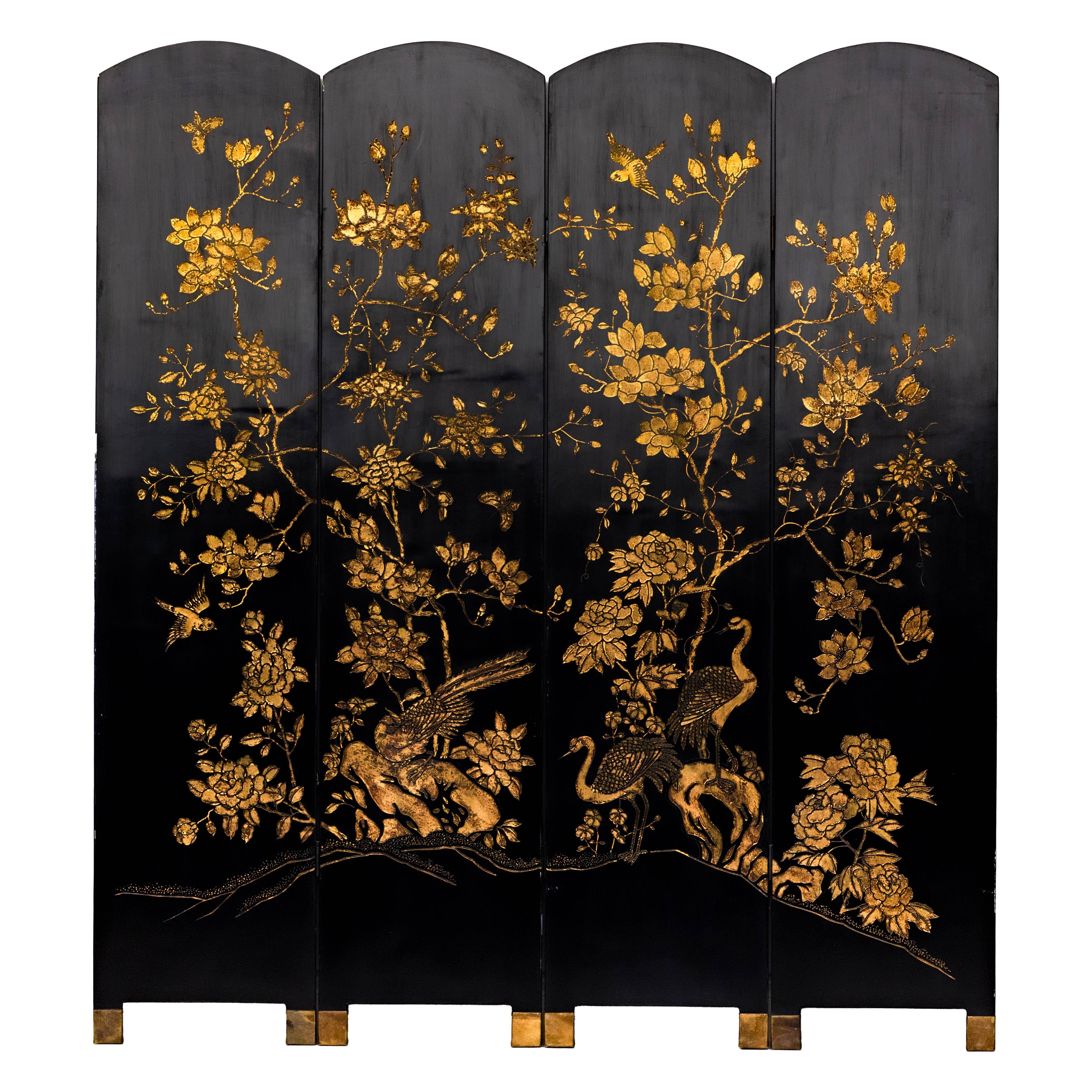 Gold and Black Lacquered Four-Panel Folding Screen with Birds and Blossoms For Sale 7
