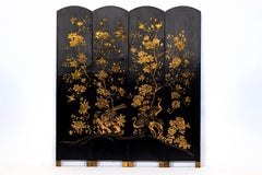 Gold and Black Lacquered Four-Panel Folding Screen with Birds and Blossoms