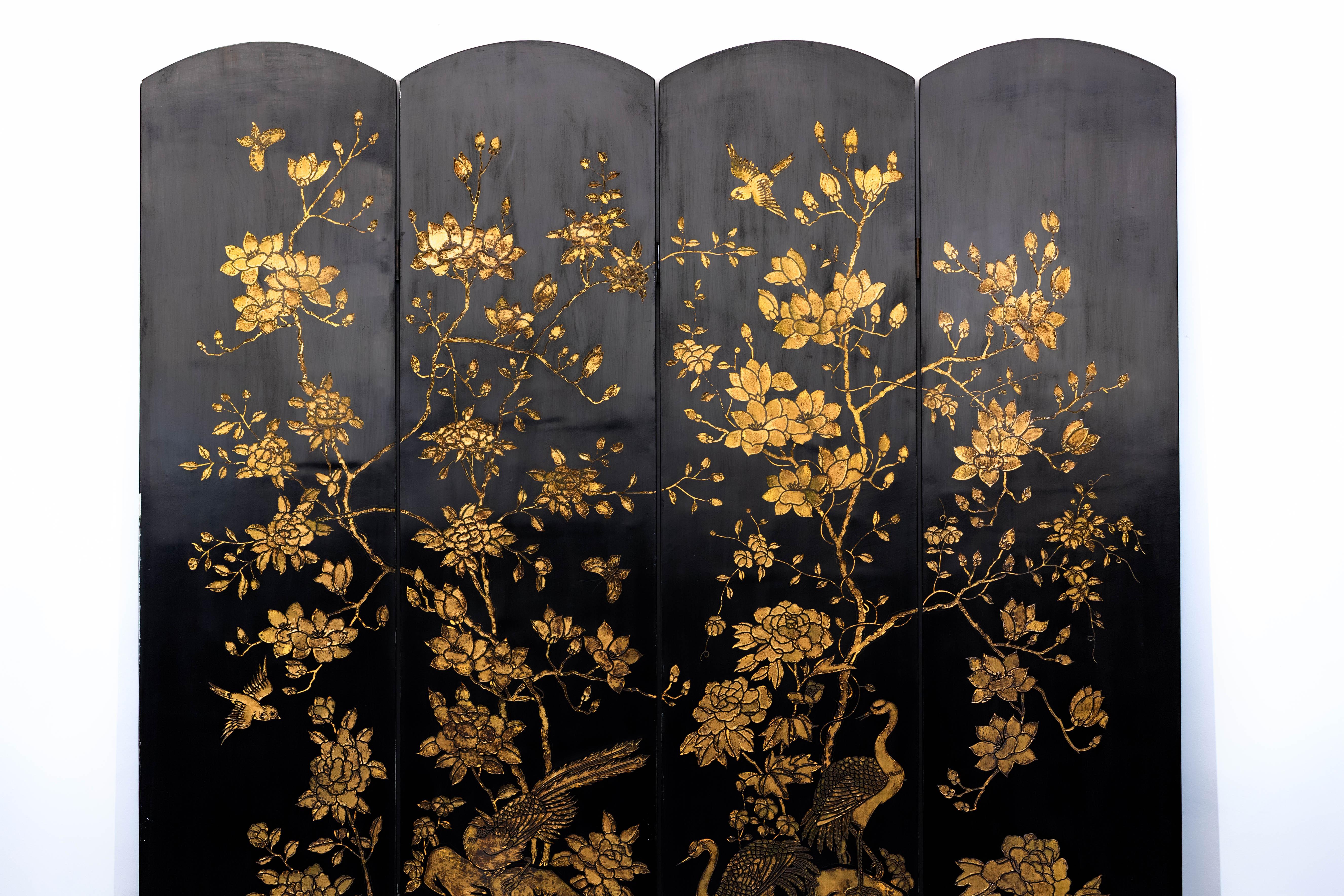 Chinese Gold and Black Lacquered Four-Panel Folding Screen with Birds and Blossoms For Sale