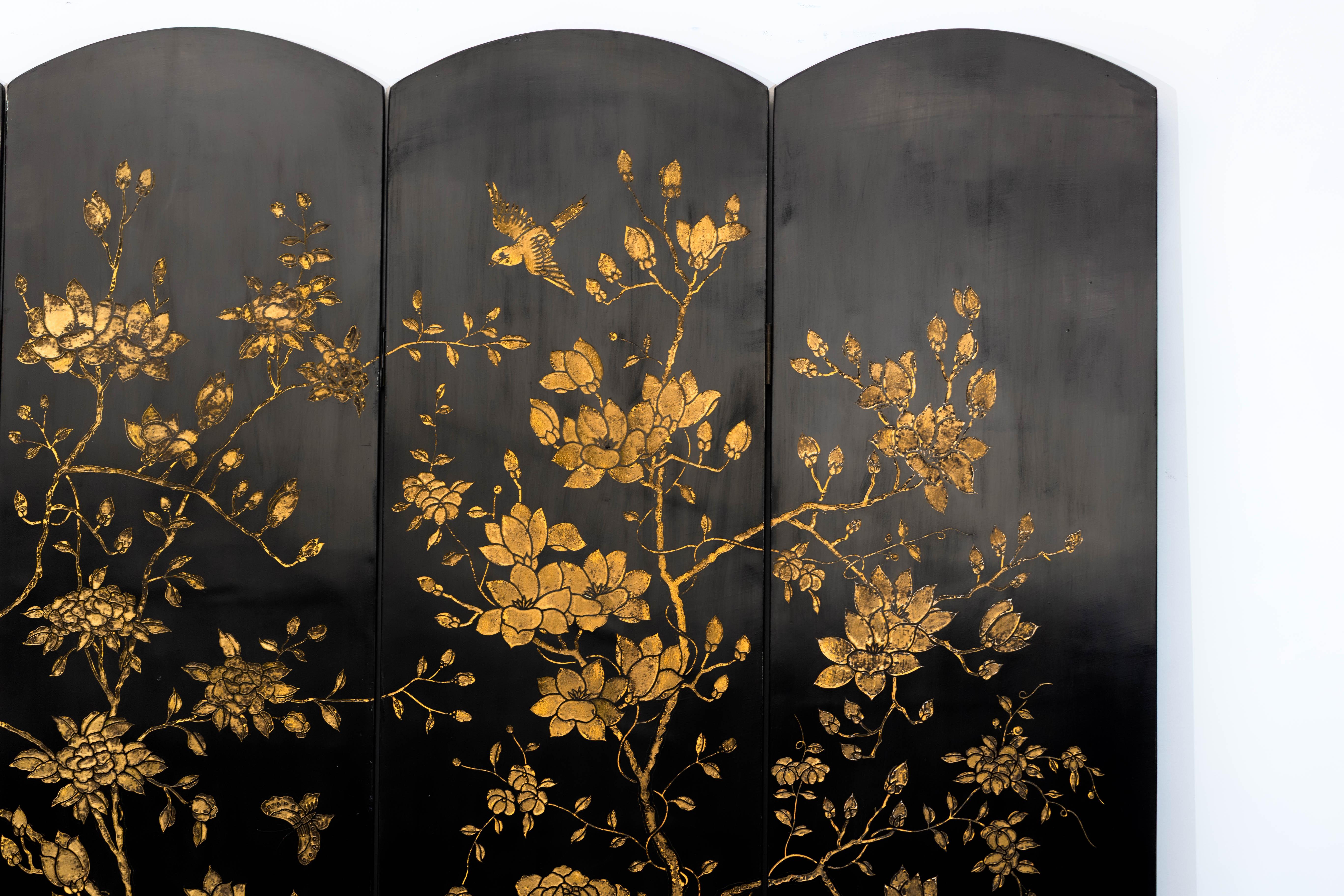 Wood Gold and Black Lacquered Four-Panel Folding Screen with Birds and Blossoms For Sale