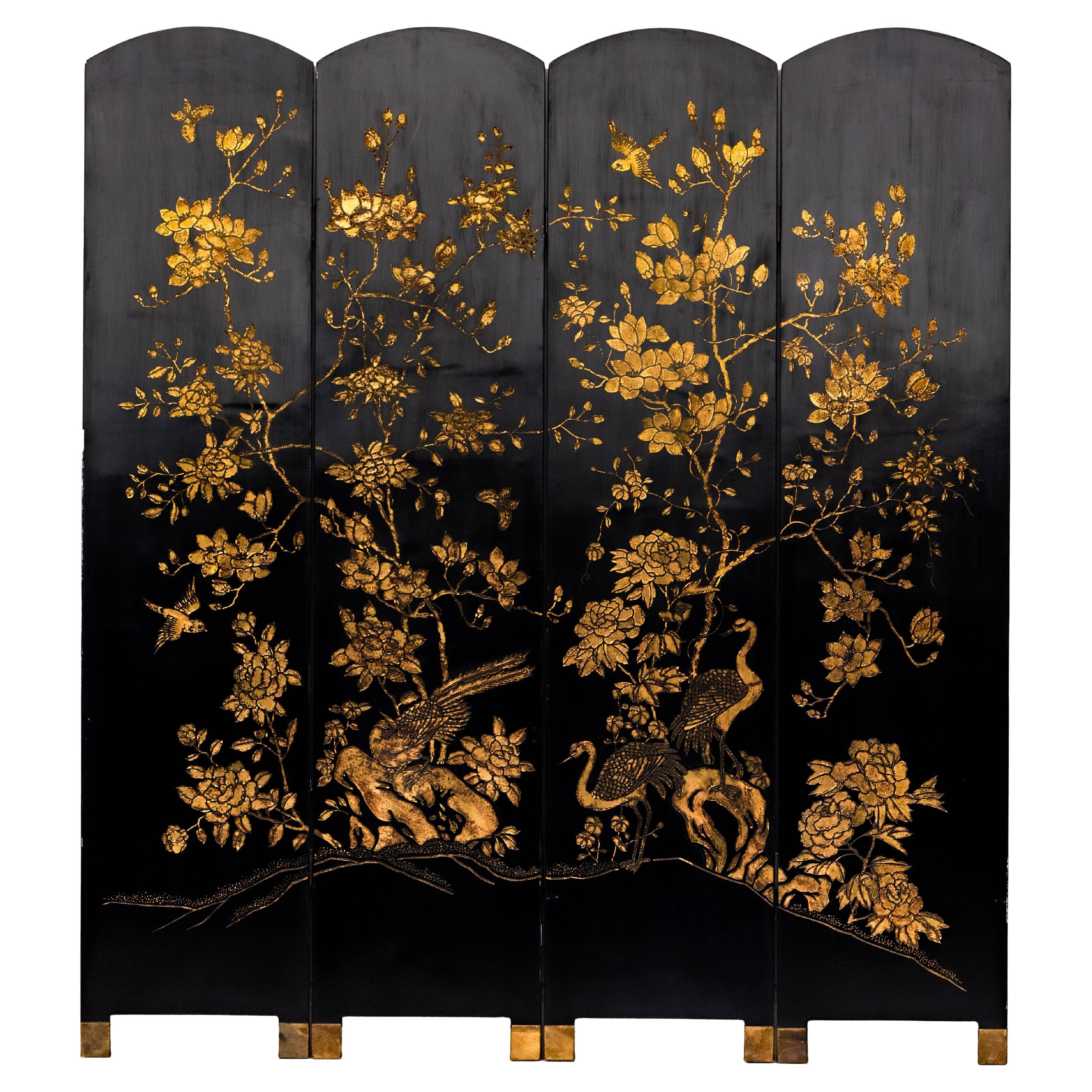 Gold and Black Lacquered Four-Panel Folding Screen with Birds and Blossoms For Sale