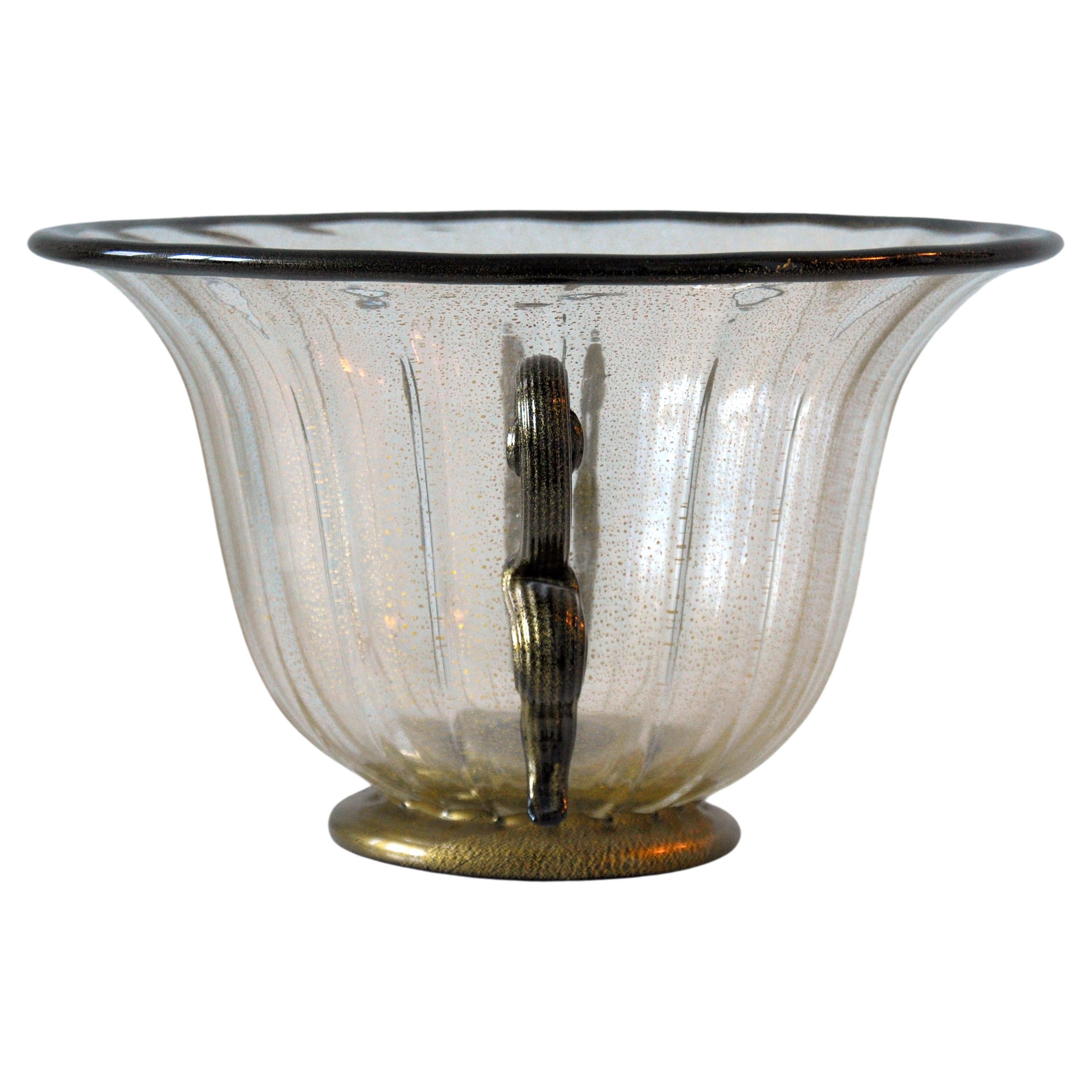 Art Deco Gold and Black Murano Glass Centerpiece Bowl with Serpent Handles For Sale 4