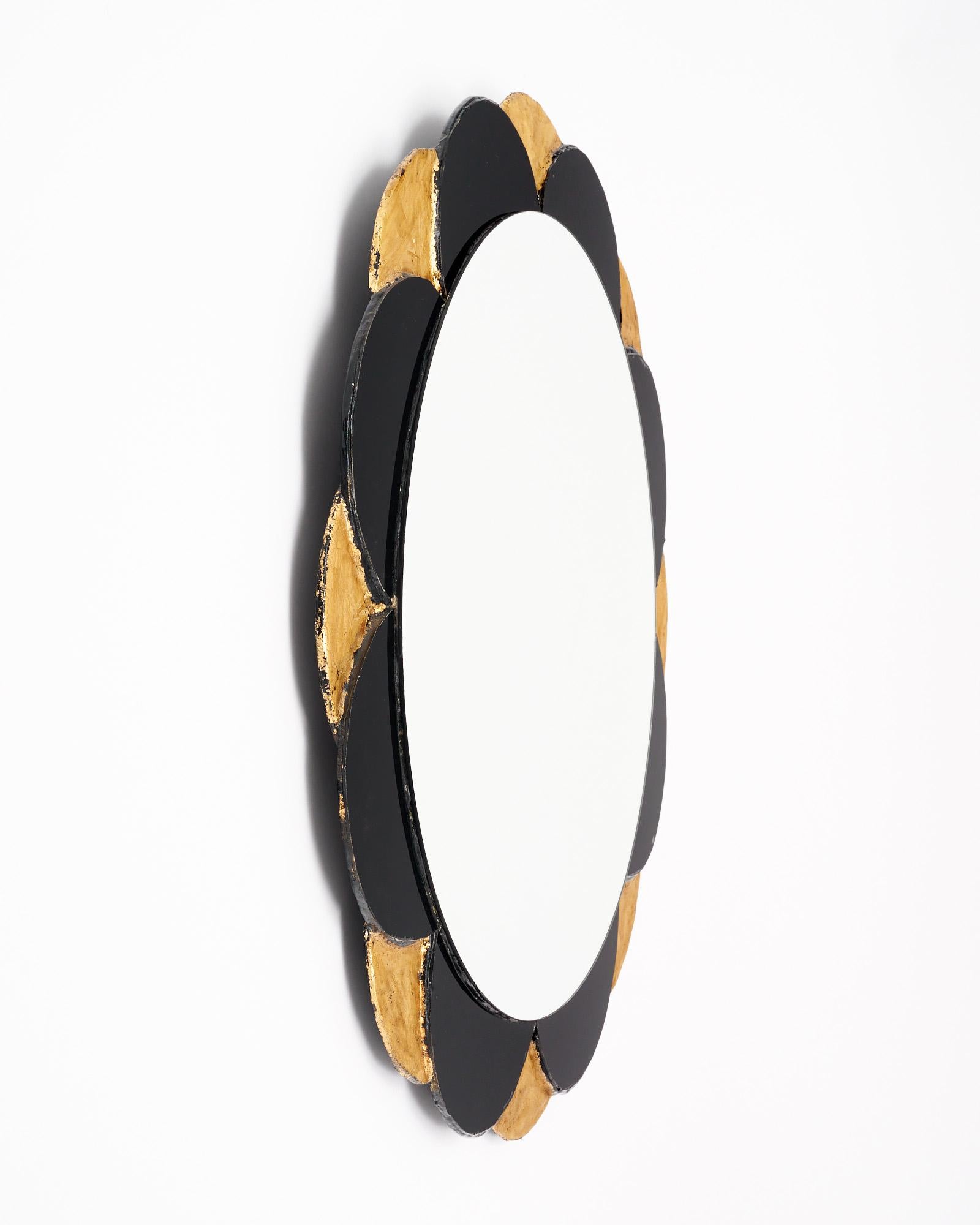 Glass Gold and Black Petal Mirror For Sale