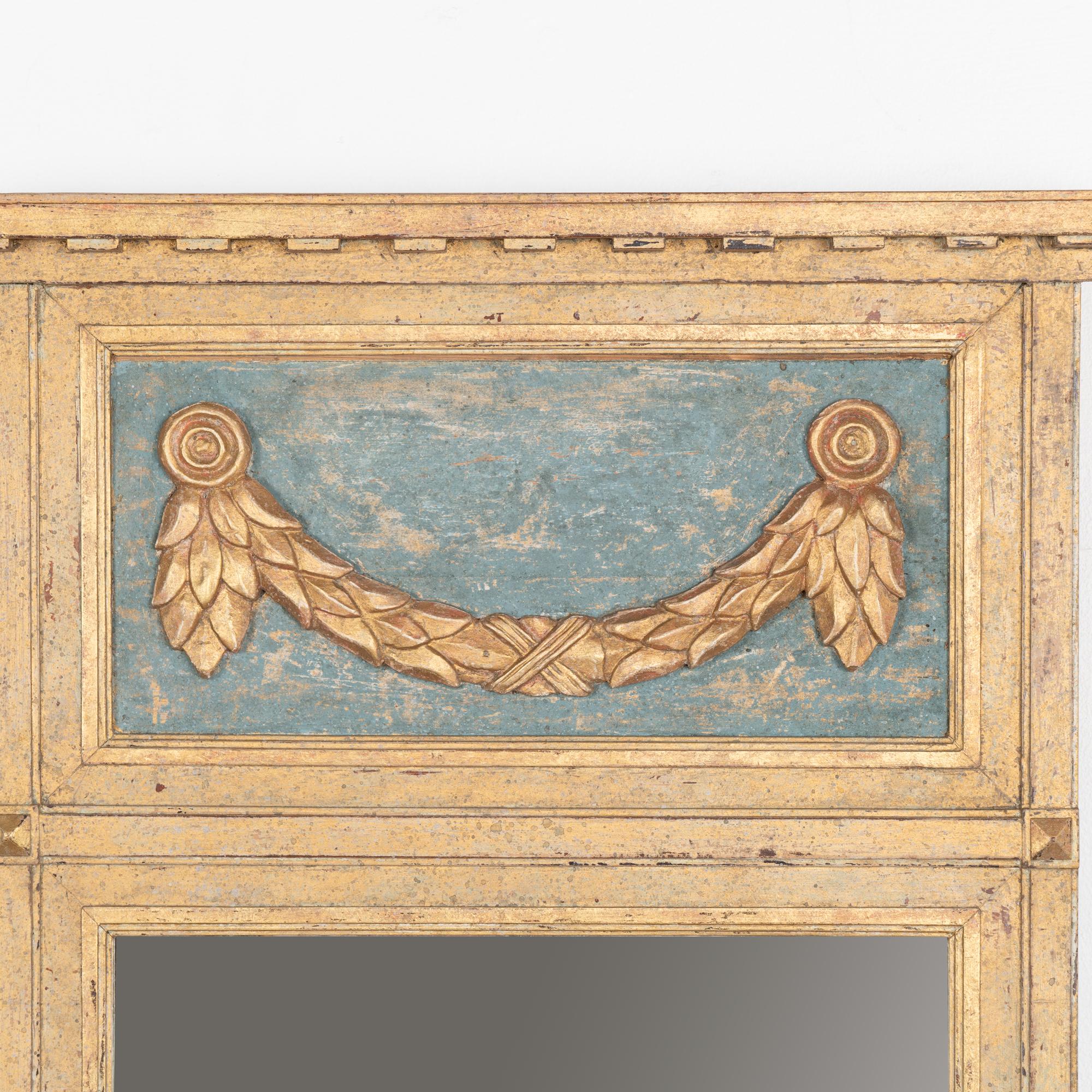 Gustavian Gold and Blue Painted Trumeau Mirror, Sweden circa 1860-80 For Sale