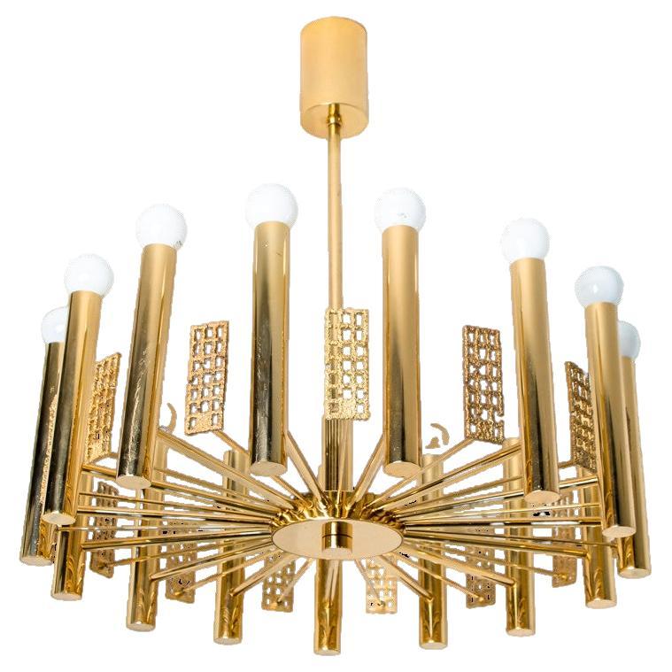 Gold and Brass Chandelier in Style of Sciolari, 1960 For Sale