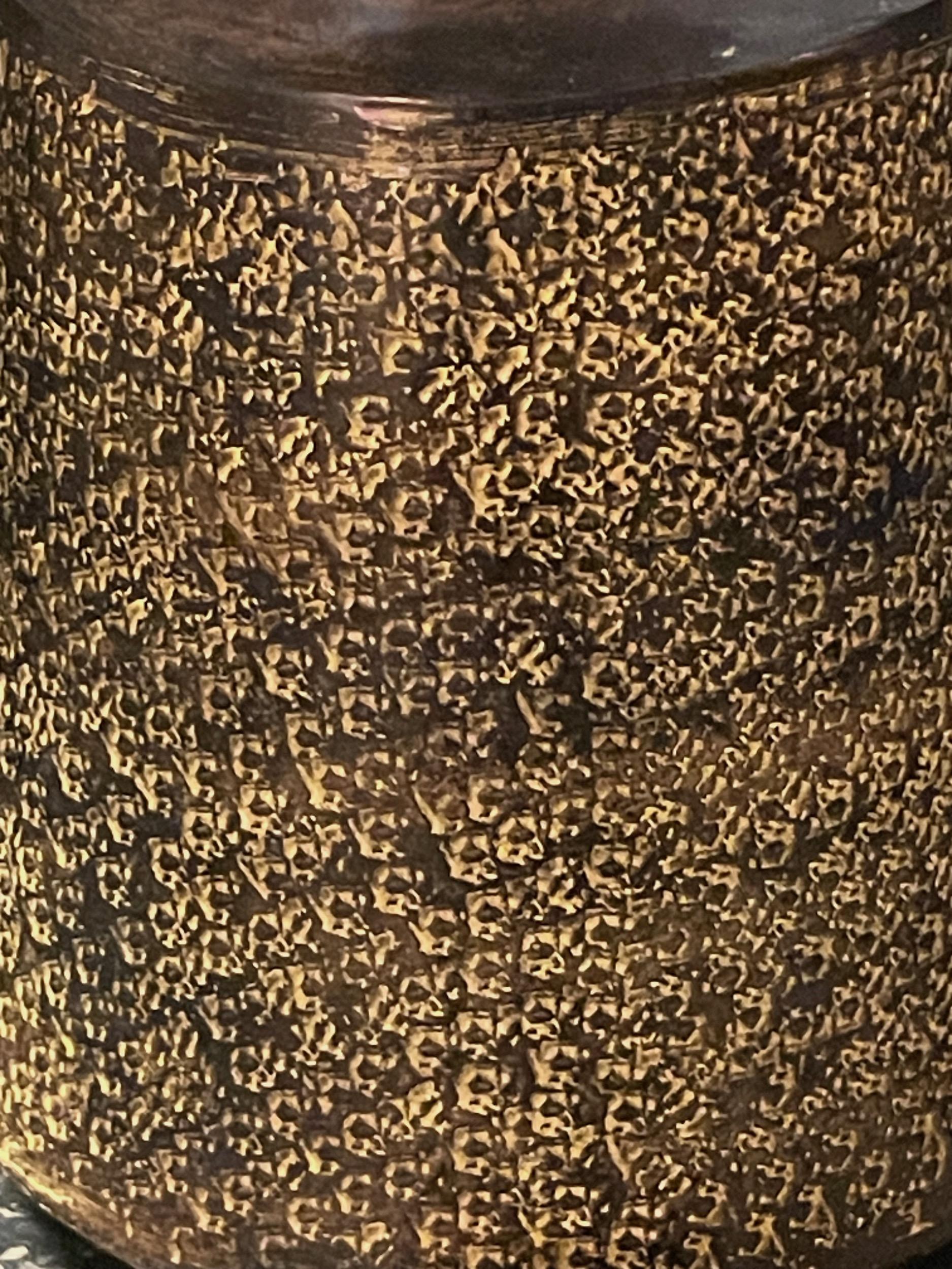 Gold And Brown Textured Metal Pair Table Lamps With Shades, Indonesia In New Condition In New York, NY
