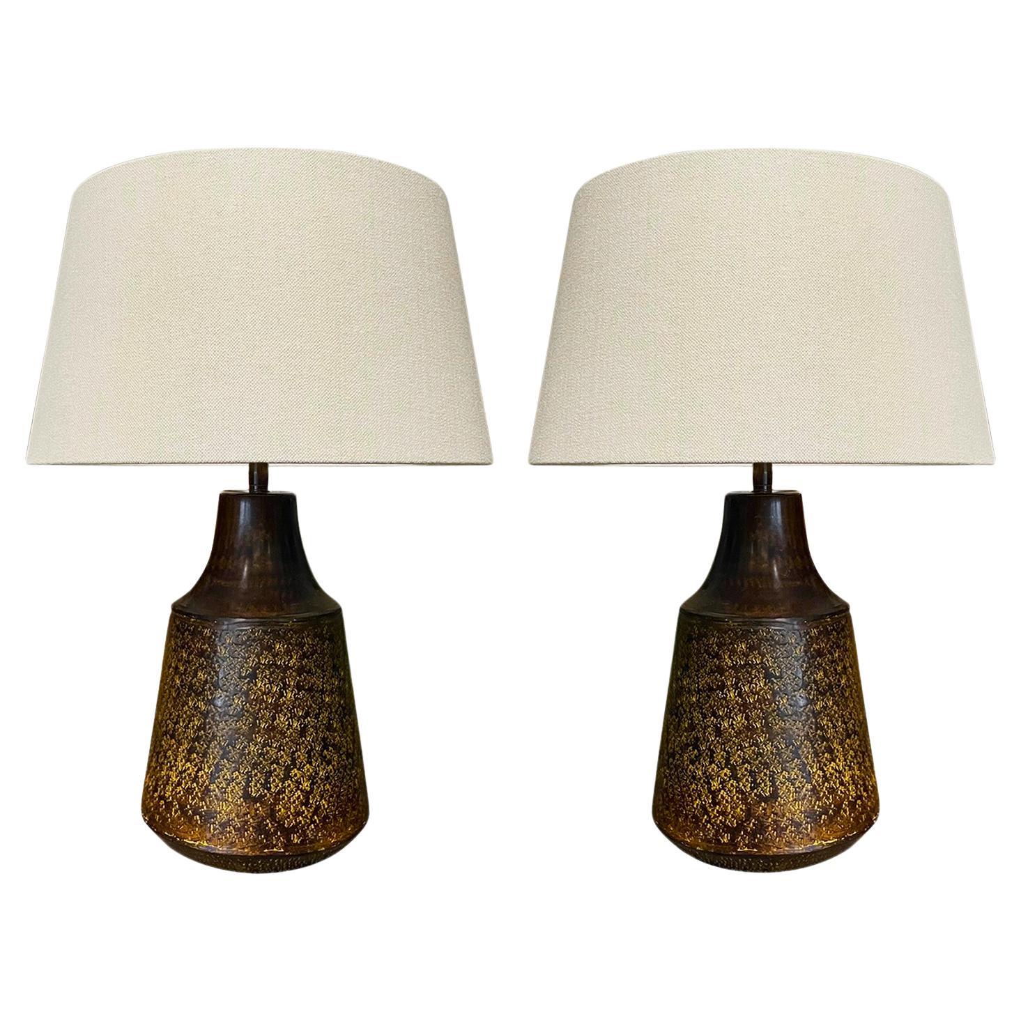 Gold And Brown Textured Metal Pair Table Lamps With Shades, Indonesia For Sale