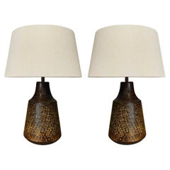 Gold And Brown Textured Metal Pair Table Lamps With Shades, Indonesia