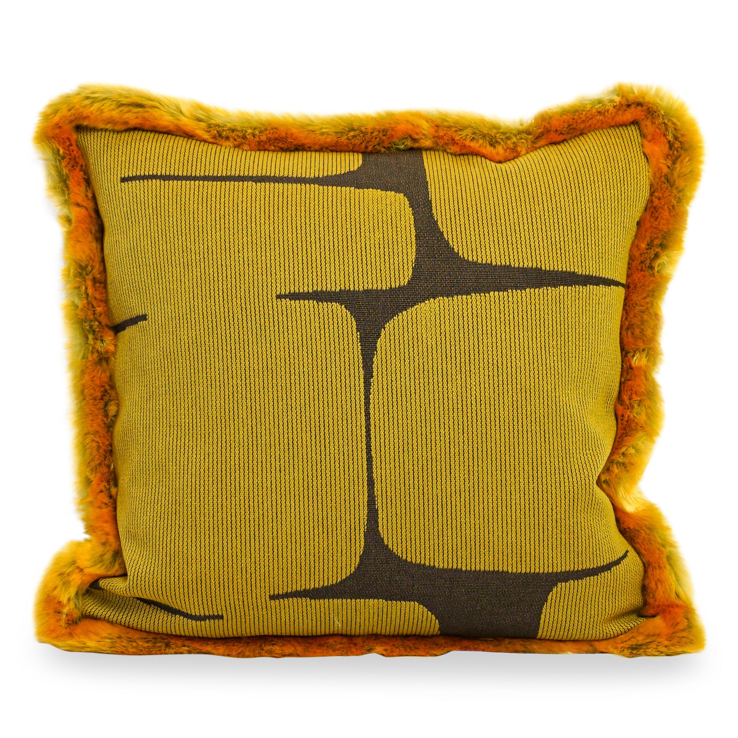 A set of throw pillows with gold and brown face, gold velvet back and golden faux fur trim. Down/feather insert and invisible zipper.

Measurements:
Overall: 20”W x 20”H

Price As Shown: $1,640 as a pair
Customization may change price.

How