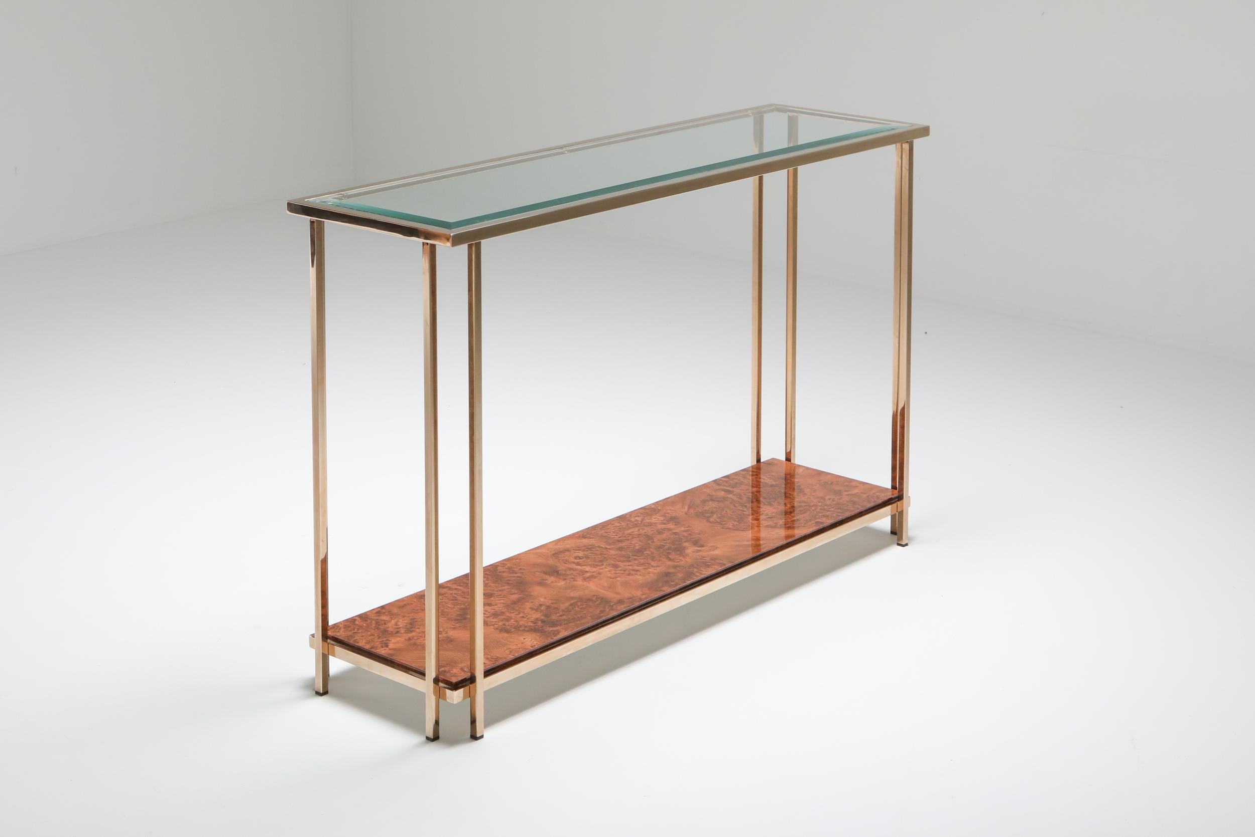 Post-Modern Gold and Burl Console Table