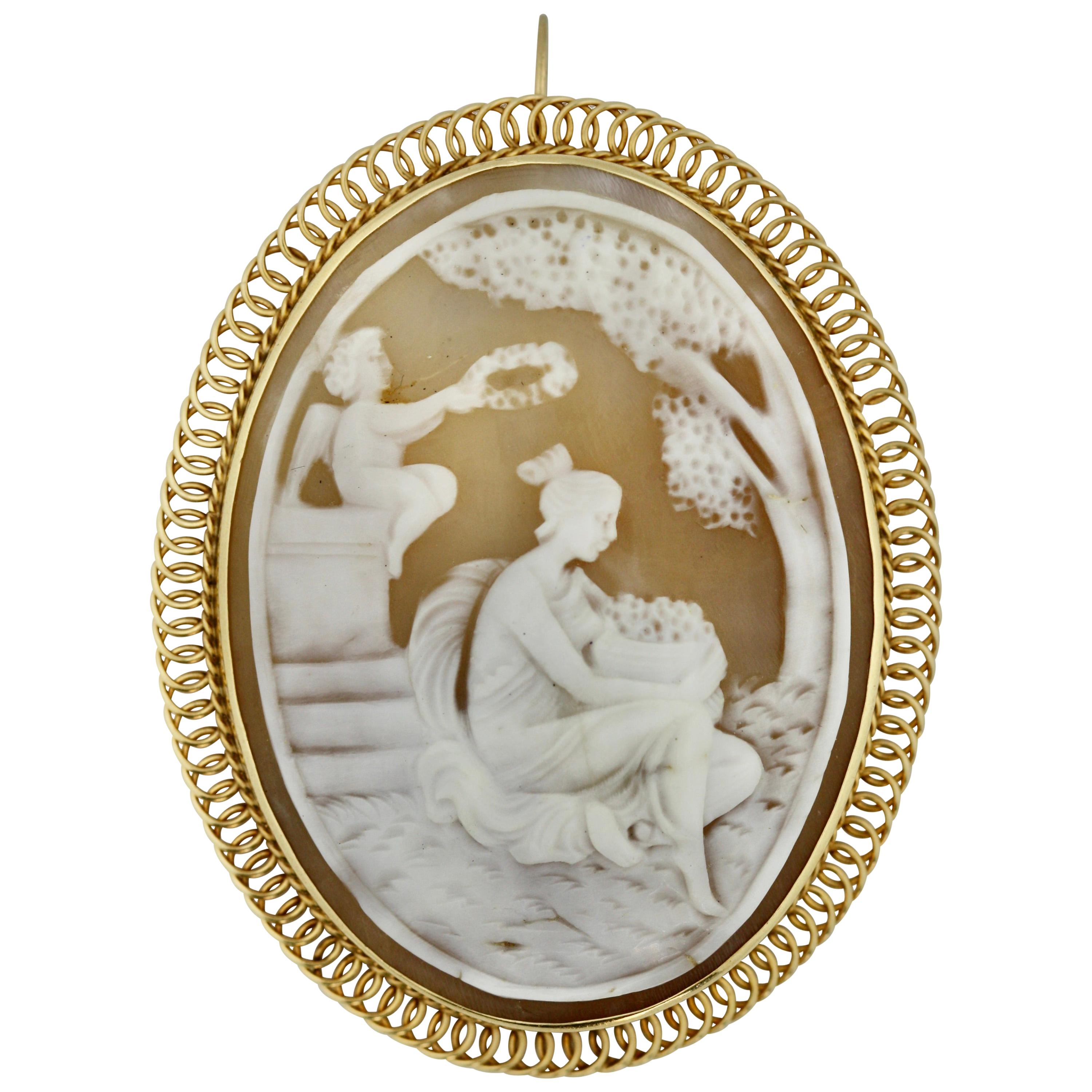 Gold and Cameo Brooch, Depicting a Neoclassical Scene For Sale