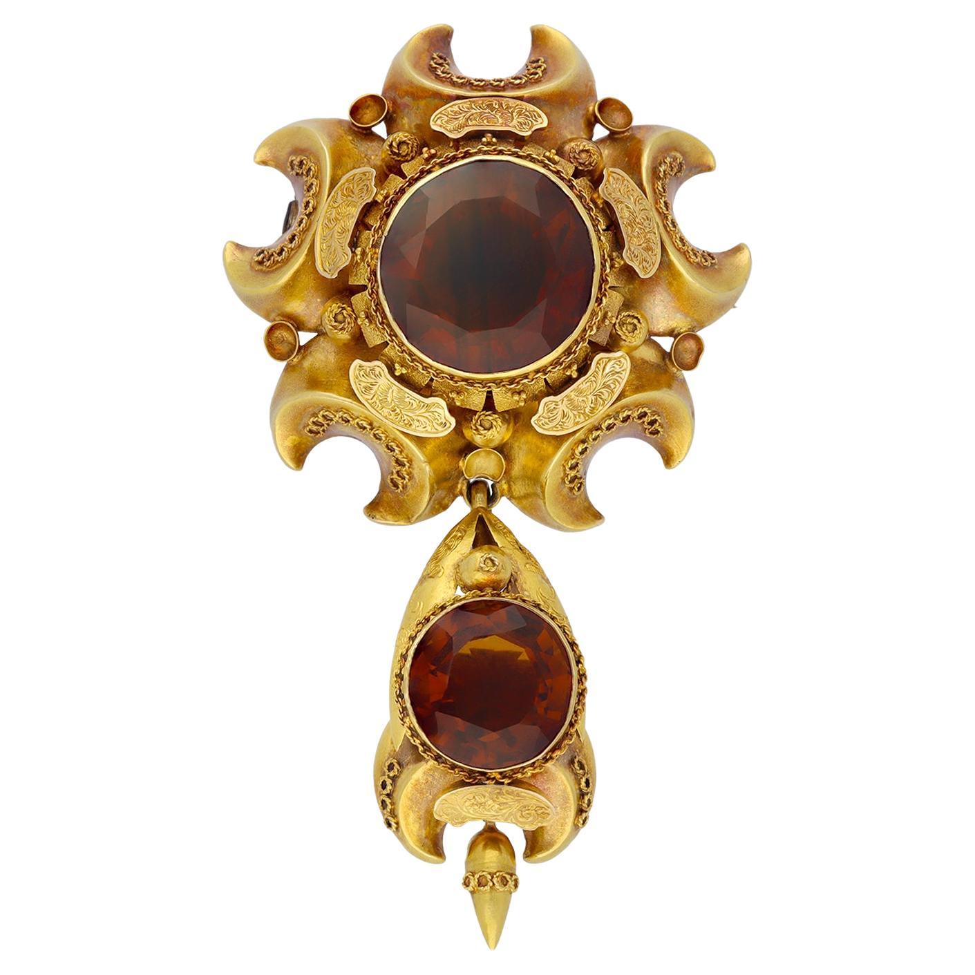 Gold and citrine brooch, circa 1866. For Sale