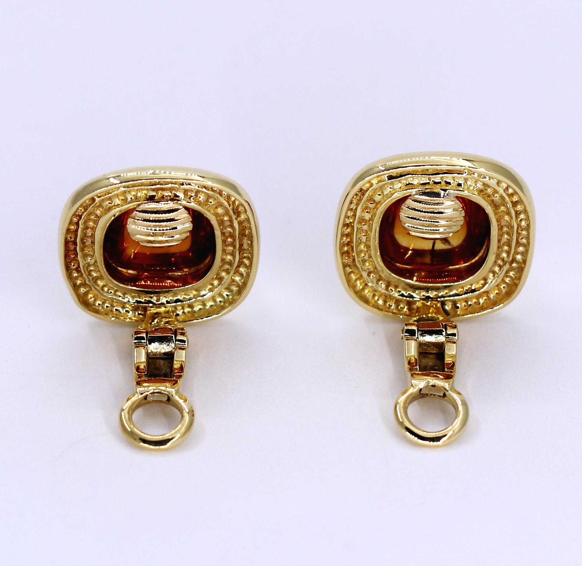Gold and Citrine Cushion Shaped Earrings In Good Condition In Palm Beach, FL